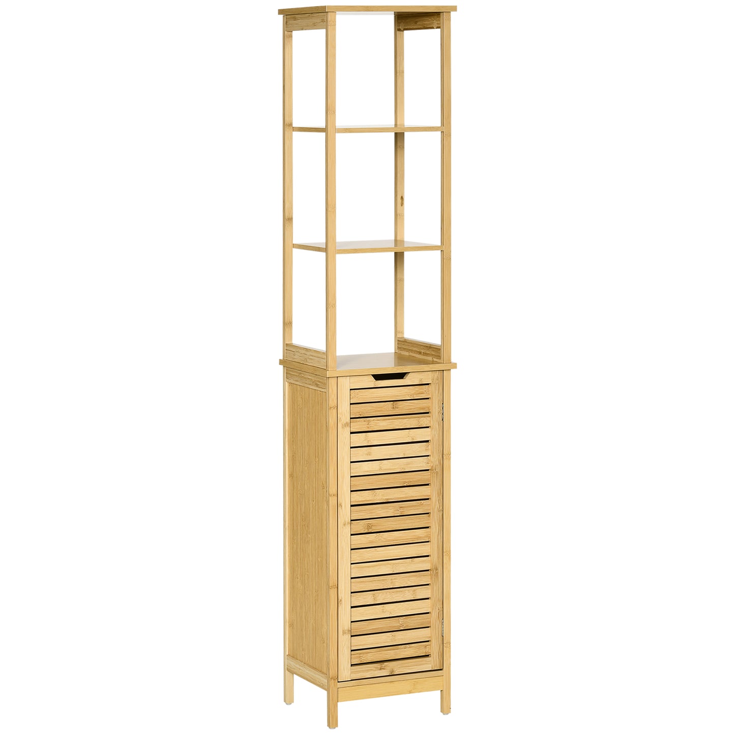 kleankin Estantería de Baño de Bambú Armario Alto para Baño con 3 Estantes y 1 Puerta Mueble Columna de Almacenaje para Salón 34x30x173 cm Natural