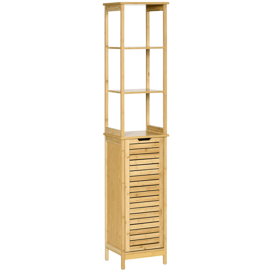 kleankin Estantería de Baño de Bambú Armario Alto para Baño con 3 Estantes y 1 Puerta Mueble Columna de Almacenaje para Salón 34x30x173 cm Natural