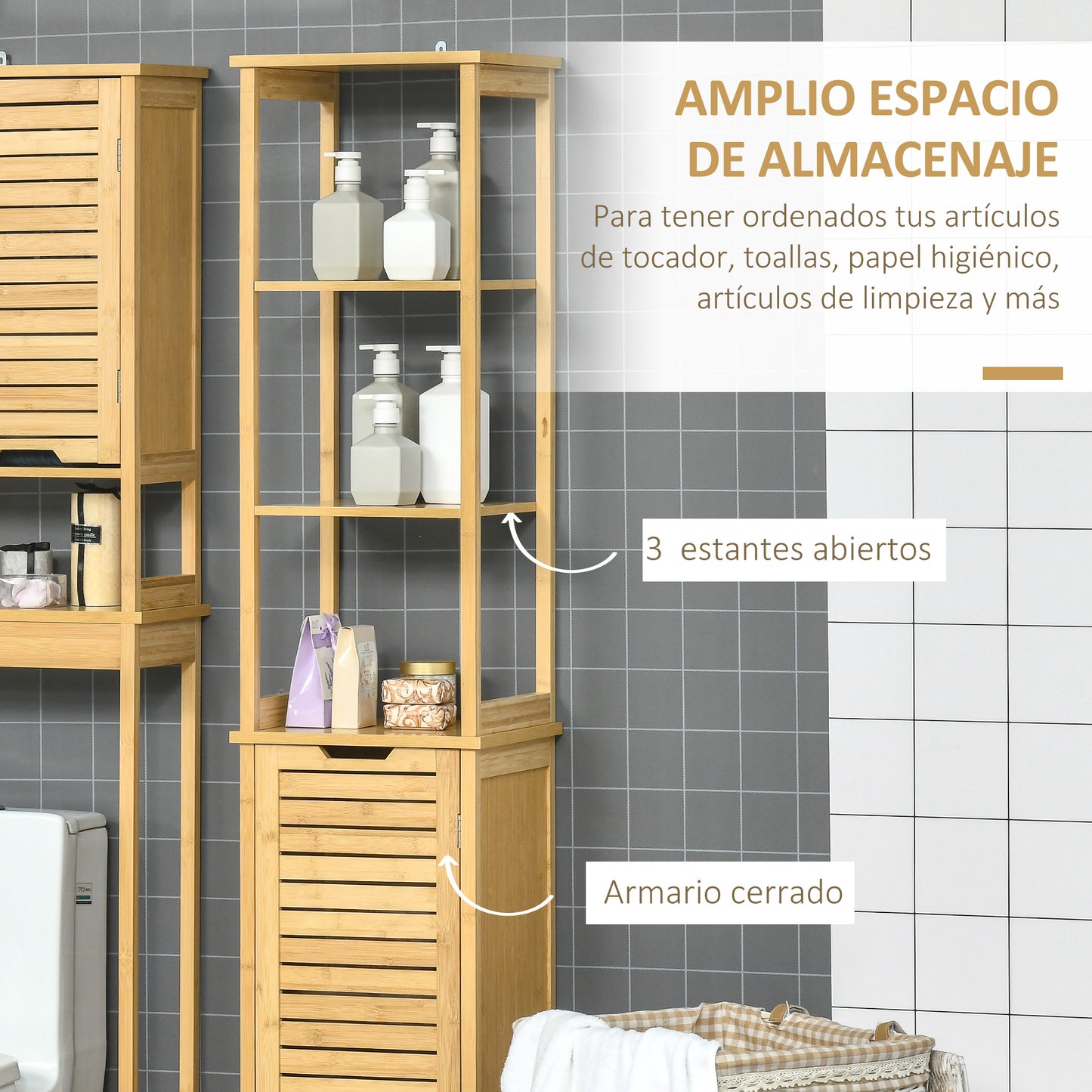 kleankin Estantería de Baño de Bambú Armario Alto para Baño con 3 Estantes y 1 Puerta Mueble Columna de Almacenaje para Salón 34x30x173 cm Natural