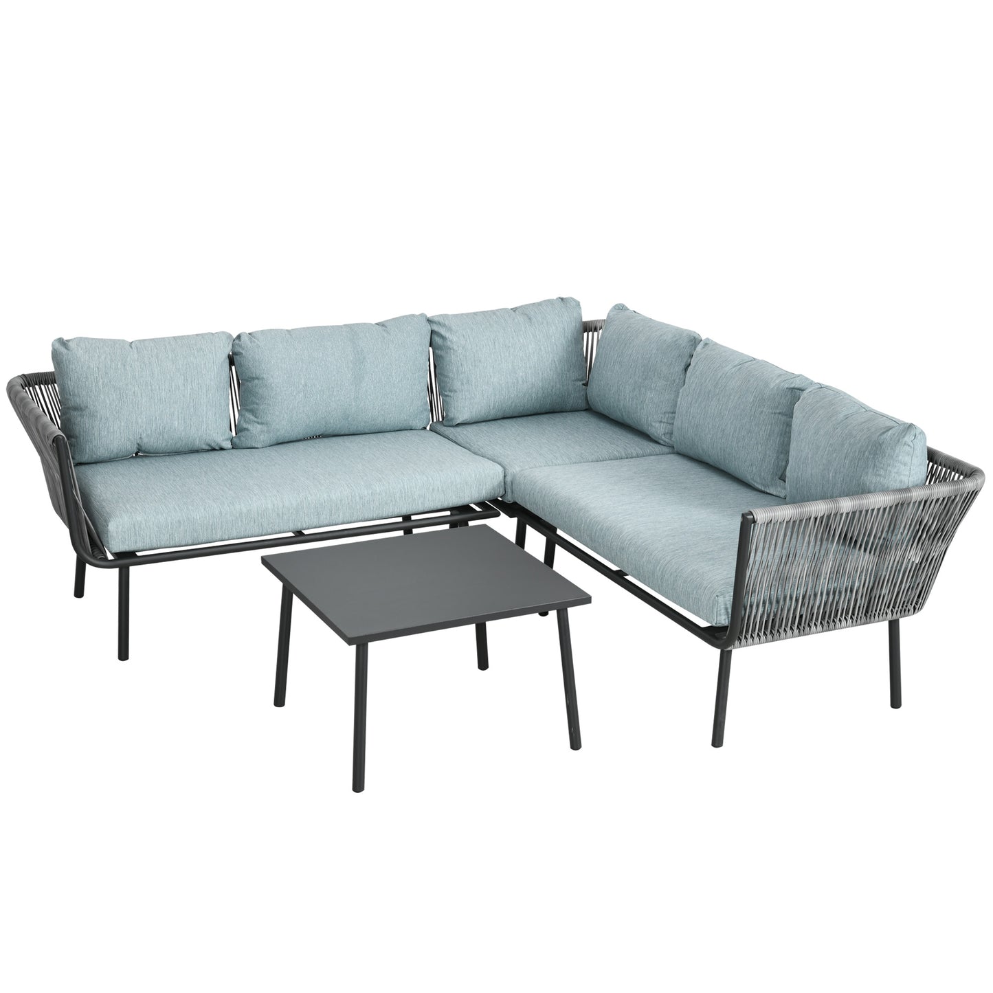 Outsunny Conjunto de Muebles de Ratán 4 Piezas con Marco de Aluminio Set de Muebles de Jardín 2 Sofá de 2 Plazas Sofá de Esquina Mesa de Centro con 6 Cojines Acolchados para Exterior Patio Gris