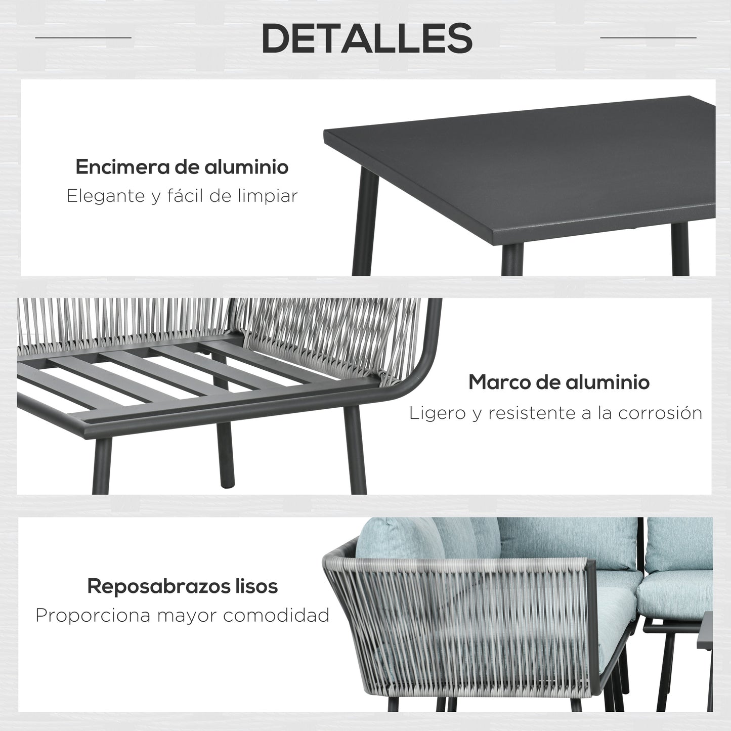 Outsunny Conjunto de Muebles de Ratán 4 Piezas con Marco de Aluminio Set de Muebles de Jardín 2 Sofá de 2 Plazas Sofá de Esquina Mesa de Centro con 6 Cojines Acolchados para Exterior Patio Gris