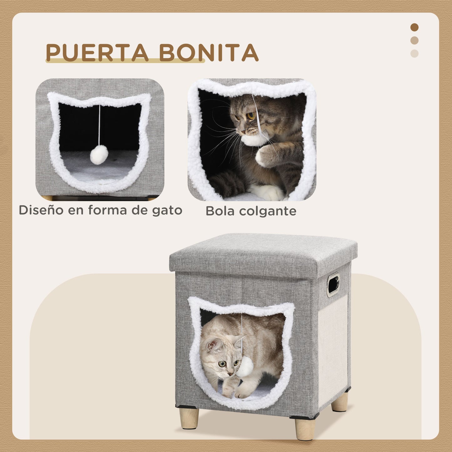 PawHut Cama Cueva de Gatos 2 en 1 Casa para Gatos Interior Tipo Reposapiés con Cojín Extraíble Bola Colgante y Almohadilla para Rascar 35,5x35,5x42,5 cm Gris