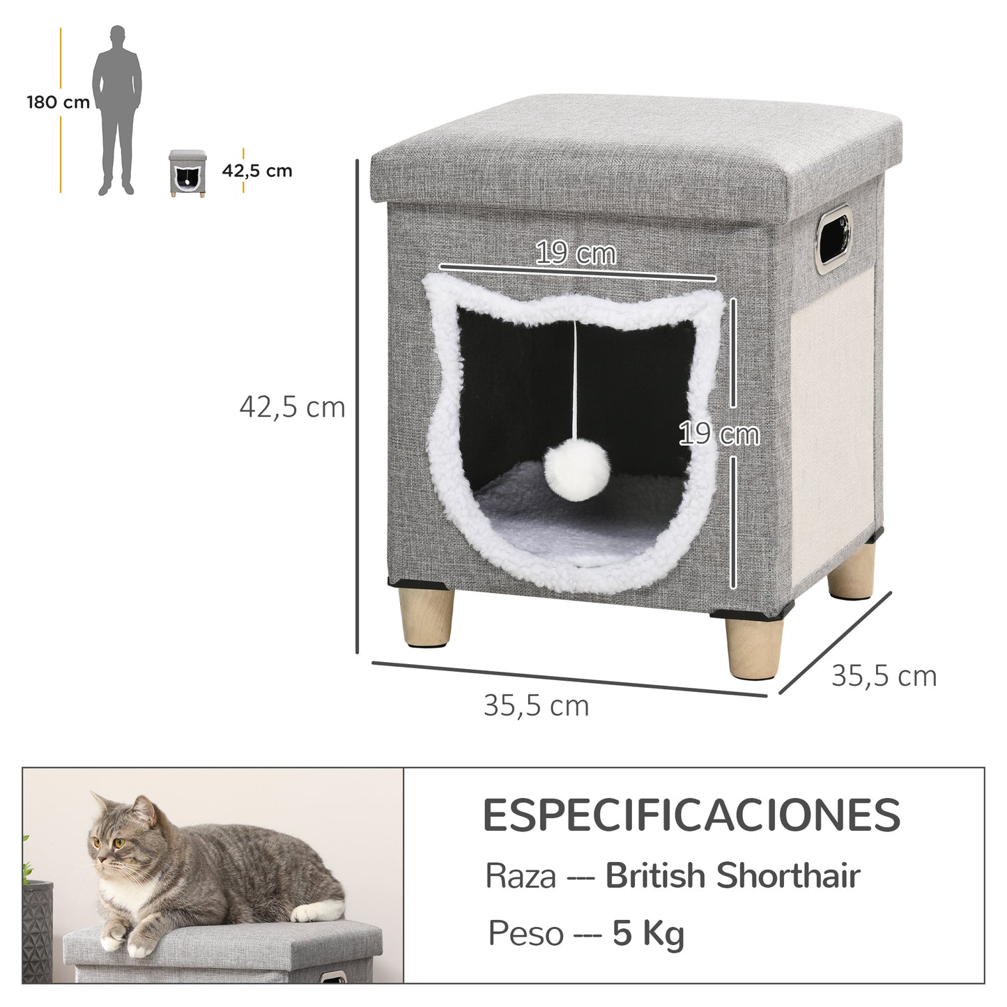 PawHut Cama Cueva de Gatos 2 en 1 Casa para Gatos Interior Tipo Reposapiés con Cojín Extraíble Bola Colgante y Almohadilla para Rascar 35,5x35,5x42,5 cm Gris