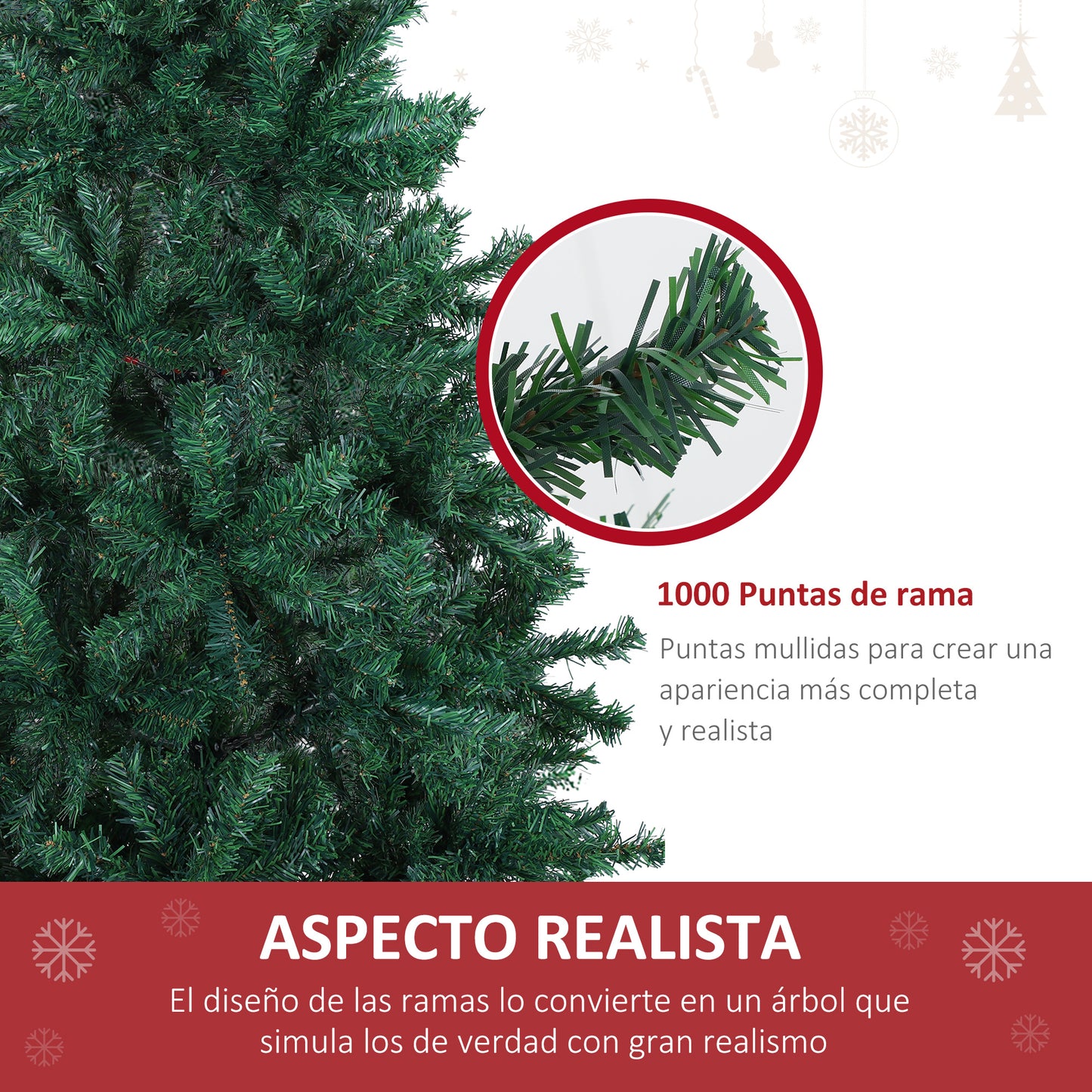 HOMCOM Árbol de Navidad 180cm Artificial Árbol de Pino Decoración Navideña con Soporte Metálico 1000 Ramas Verde PVC