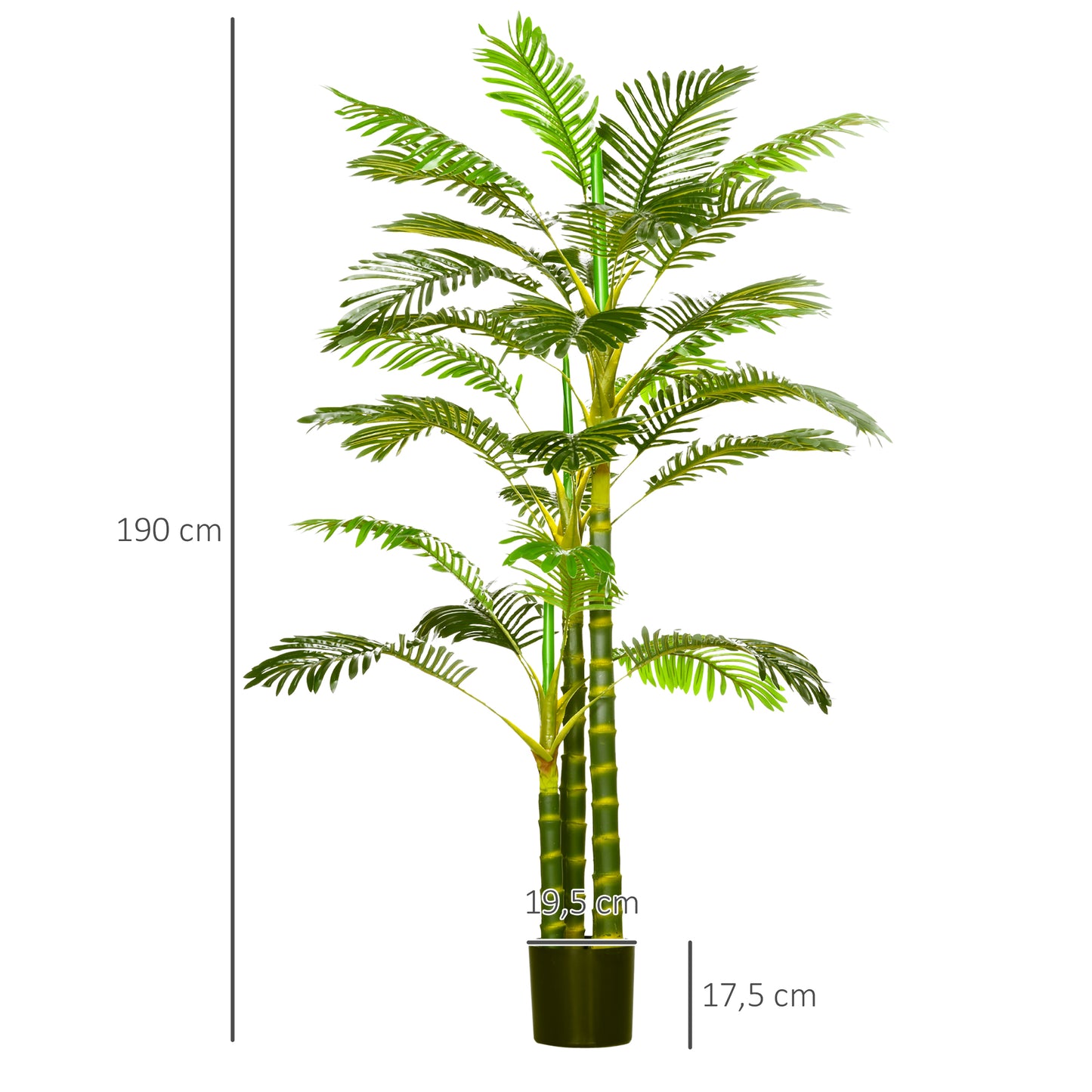 HOMCOM Planta Artificial Palmera Areca Grande 190 cm con Maceta y 30 Hojas Decoración para Interior y Exterior Salón Oficina Balcón Ø19,5x190 cm Verde