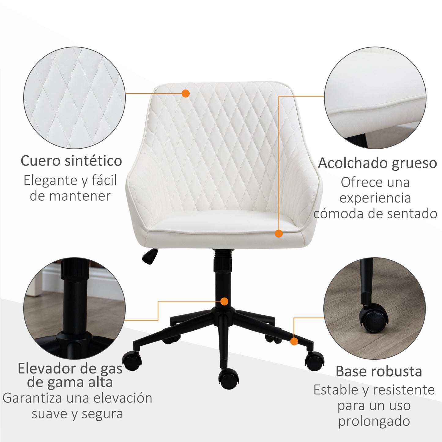 Vinsetto Silla de Oficina Ergonómica Silla de Escritorio Giratoria de Cuero PU con Altura Ajustable y Función de Inclinación para Salón Dormitorio Estudio 59x60x90-100 cm Blanco