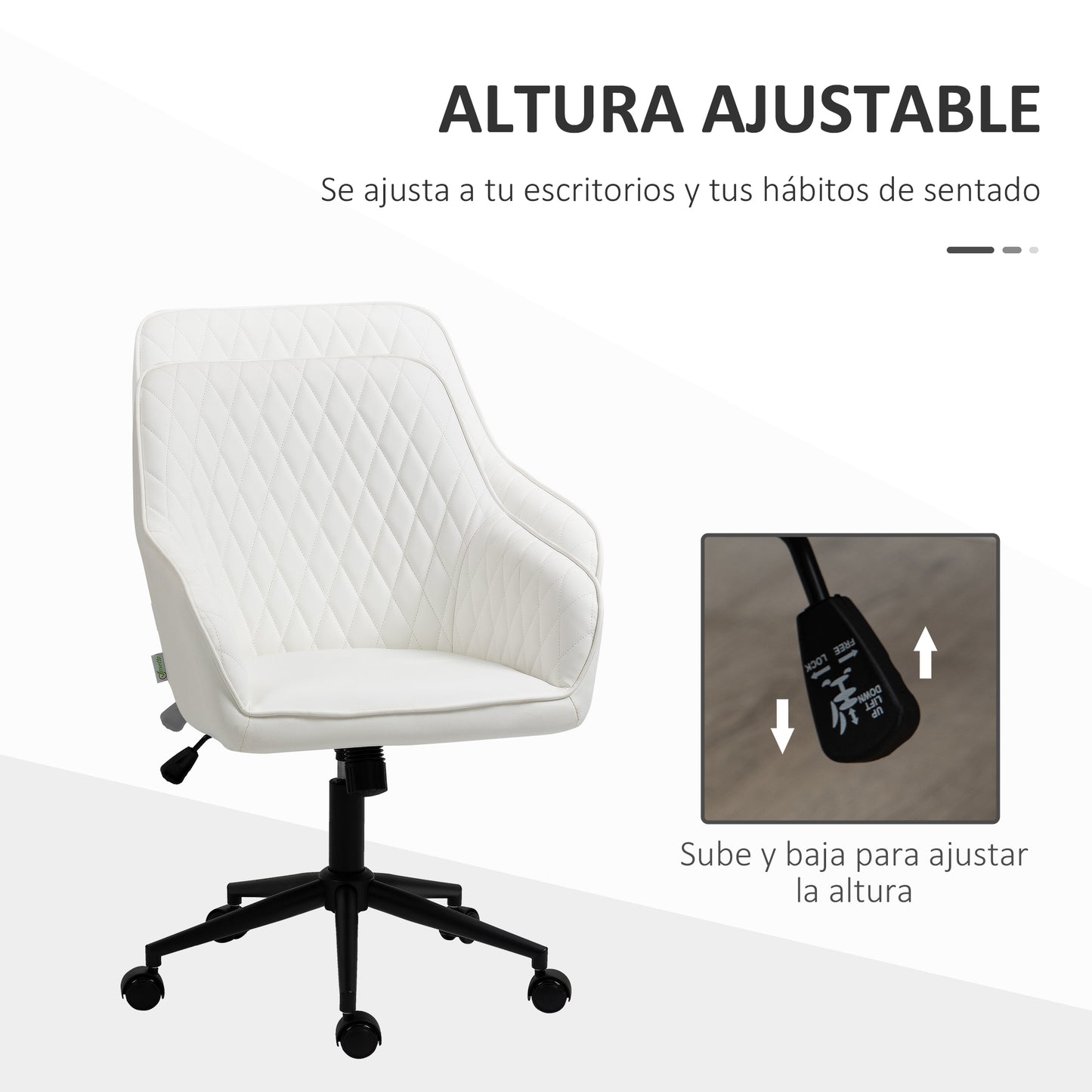 Vinsetto Silla de Oficina Ergonómica Silla de Escritorio Giratoria de Cuero PU con Altura Ajustable y Función de Inclinación para Salón Dormitorio Estudio 59x60x90-100 cm Blanco