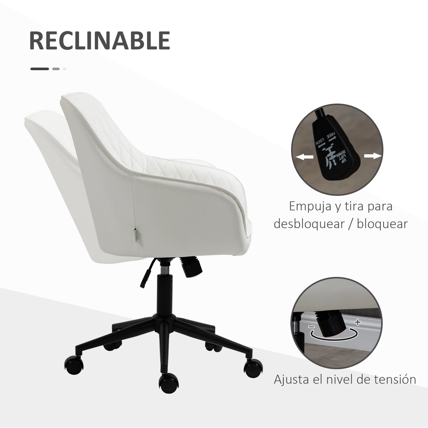 Vinsetto Silla de Oficina Ergonómica Silla de Escritorio Giratoria de Cuero PU con Altura Ajustable y Función de Inclinación para Salón Dormitorio Estudio 59x60x90-100 cm Blanco