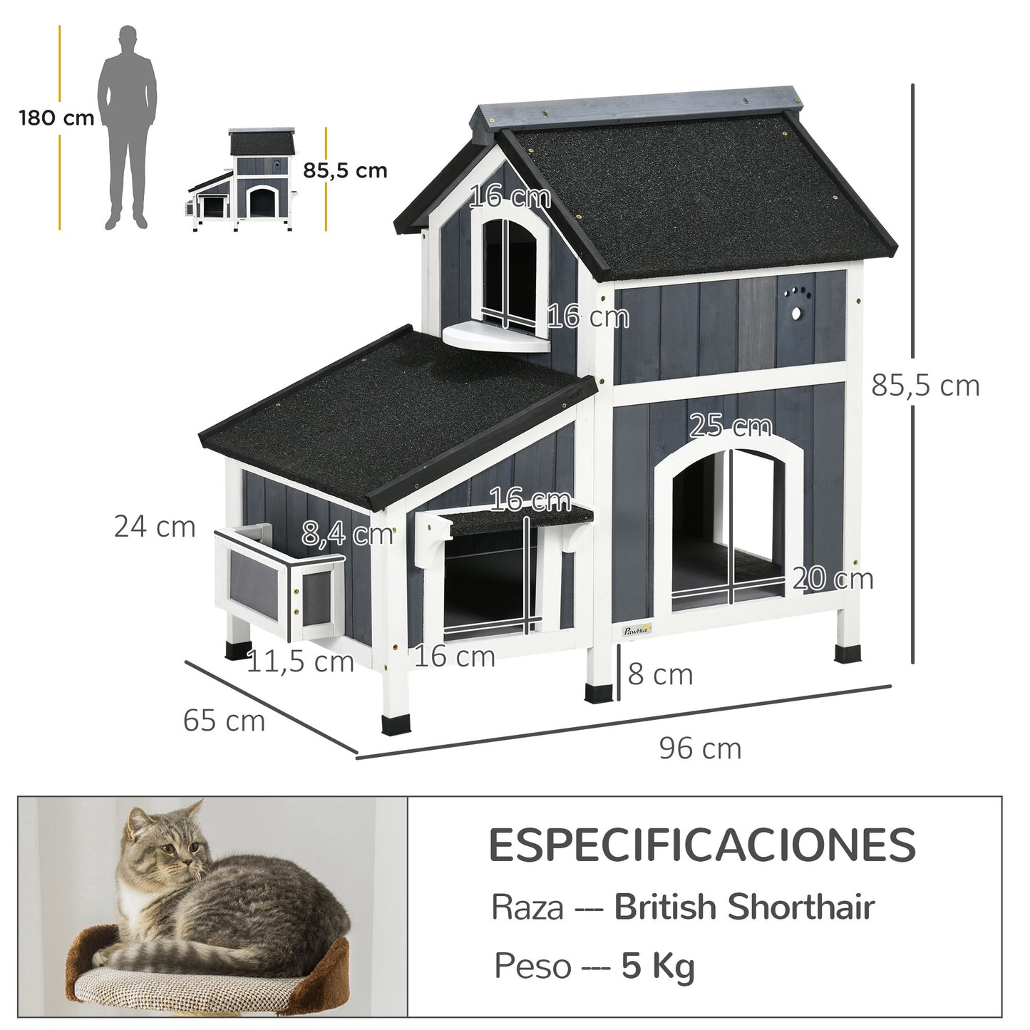 PawHut Casa para Gatos de Madera con Macetero 96x65x85,5 cm Caseta para Gatos de 2 Niveles Refugio para Gatos con Techo Asfáltico Ventana y Múltiples Entradas para Interior y Exterior Gris