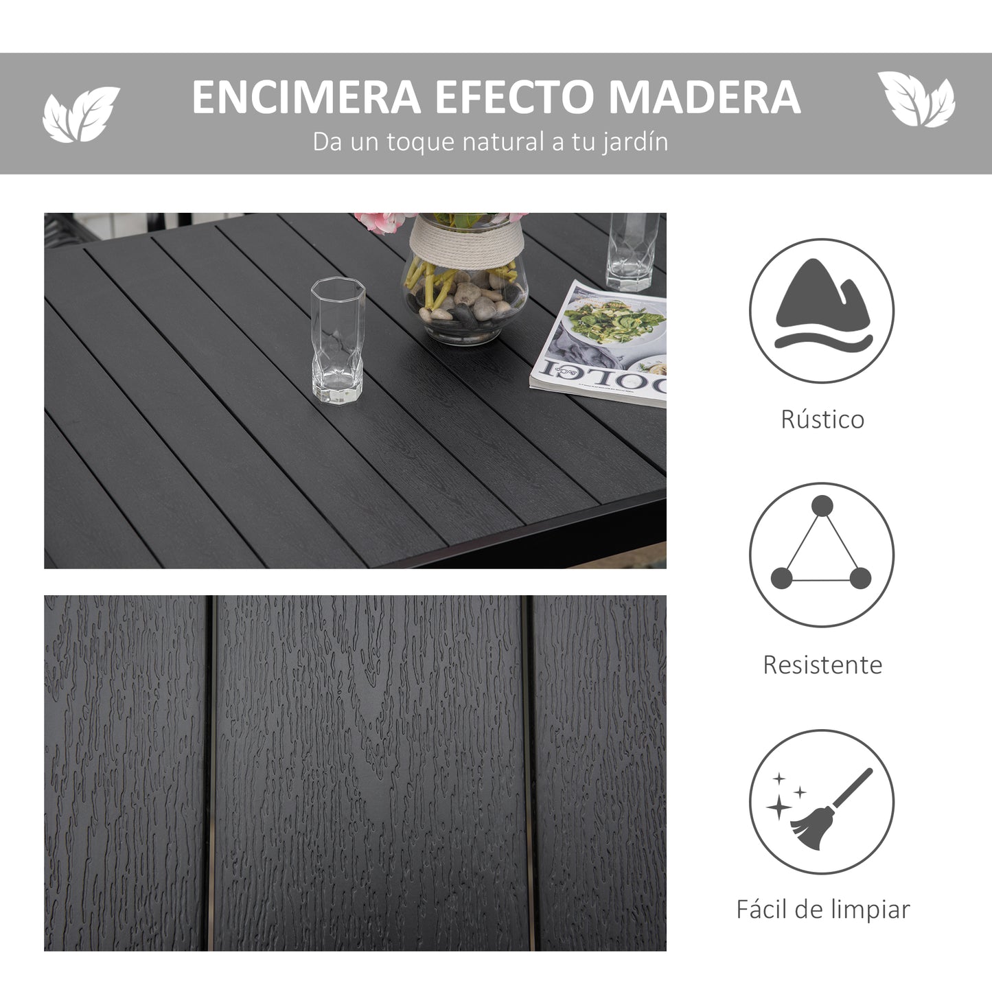 Outsunny Mesa de Jardín Rectangular para 6 Personas Mesa de Comedor Exterior 140x90x74 cm con Encimera de Listones y Estructura de Aluminio para Terraza Balcón Negro