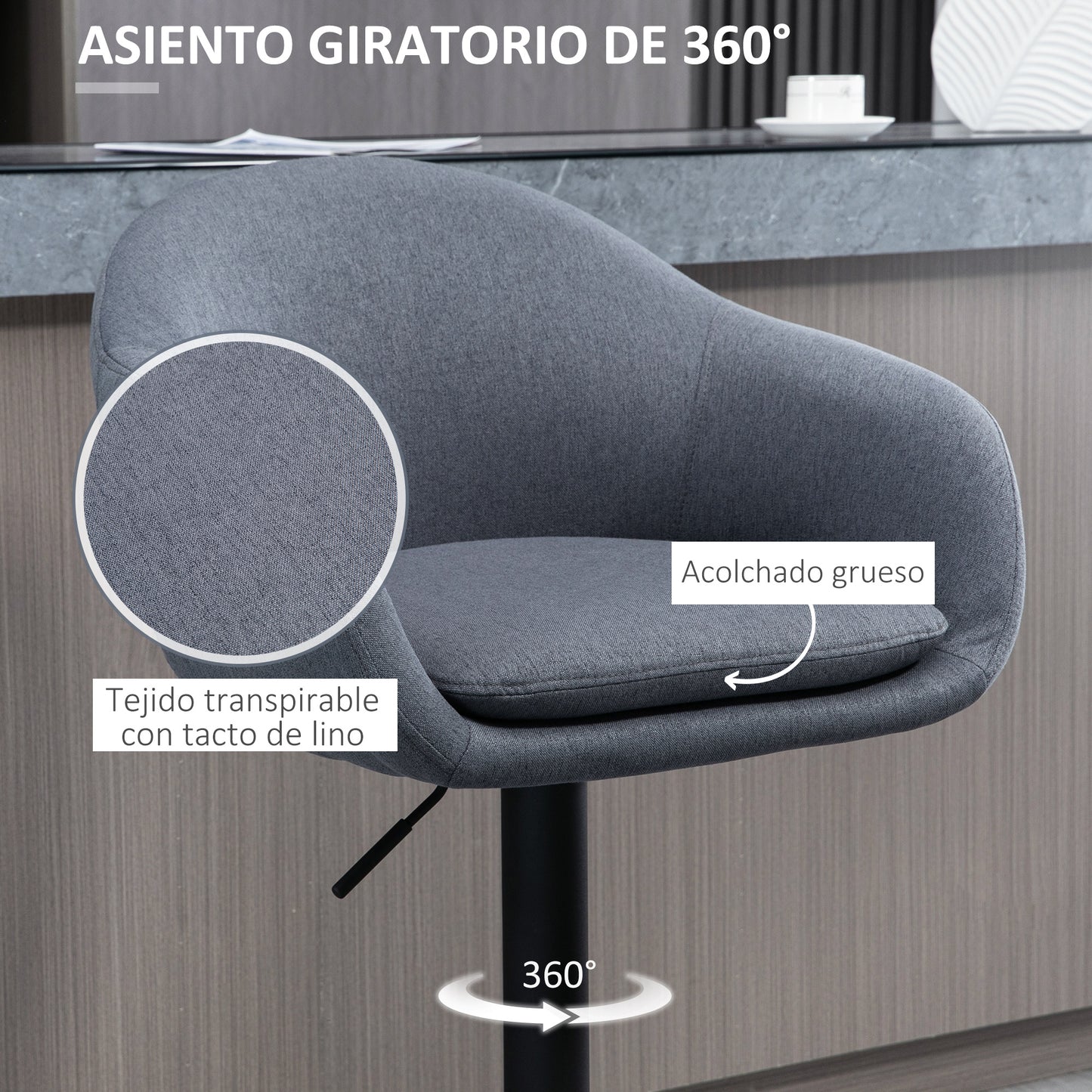 HOMCOM Taburete Alto de Cocina Regulable en Altura Taburete de Bar Tapizado de Tela con Reposapiés y Pata de Acero Carga 110 kg 54x54x92-112 cm Gris Oscuro