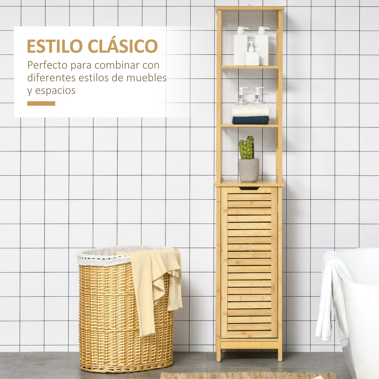 kleankin Estantería de Baño de Bambú Armario Alto para Baño con 3 Estantes y 1 Puerta Mueble Columna de Almacenaje para Salón 34x30x173 cm Natural