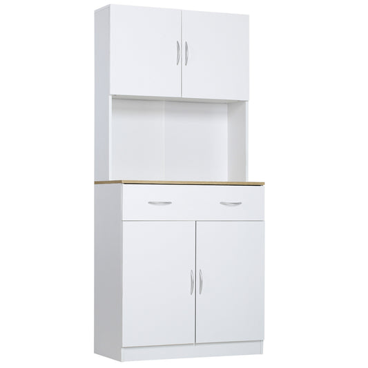 HOMCOM Alacena de Cocina Armario de Cocina Mueble Auxiliar de Cocina con Puertas Cajón y Estantes Ajustables Antivuelco para Comedor Salón 80x40x180 cm Blanco