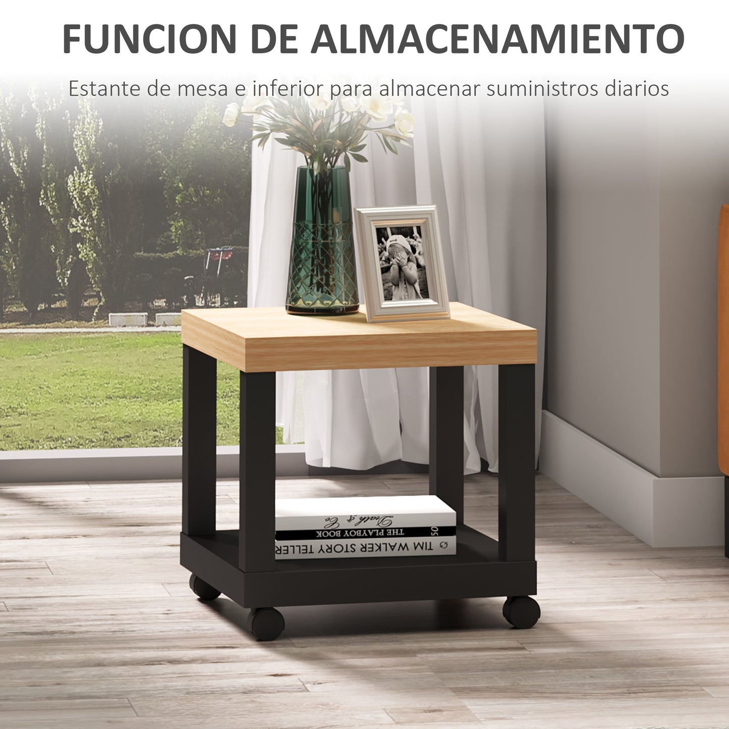 HOMCOM Mesita Auxiliar con Ruedas Mesa Auxiliar con Estante Abierto Mesa para Sofá Sala Dormitorio 40x40x40 cm Negro y Natural