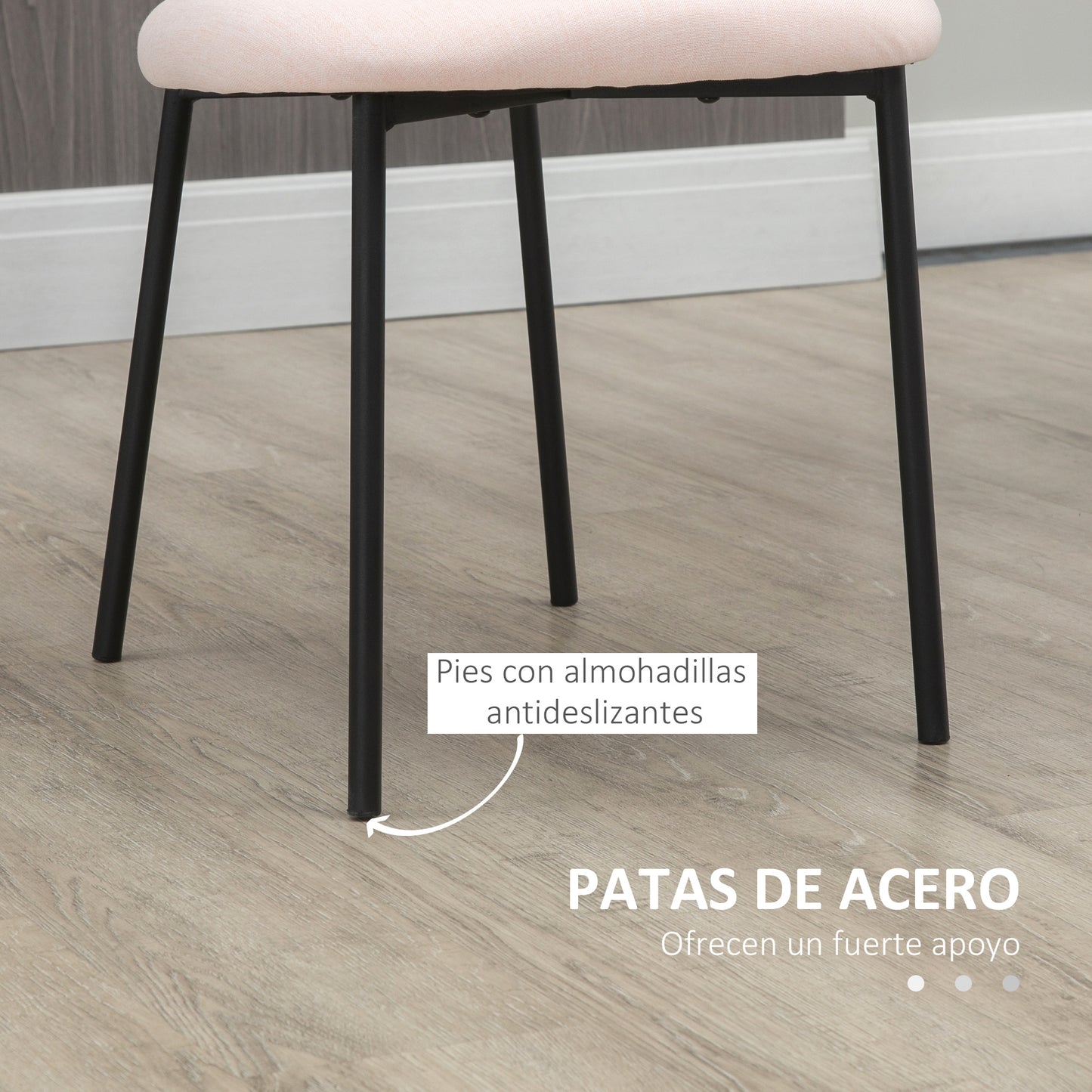 HOMCOM Juego de 2 Sillas de Comedor Sillas de Cocina Tapizado en Tela con Respaldo y Patas de Acero Sillas Decorativas para Salón Carga 120 kg 46x59x82 cm Rosa Claro