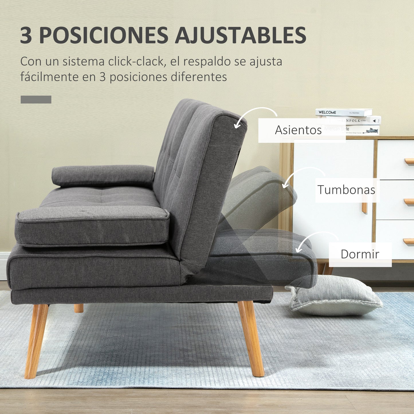 HOMCOM Sofá Cama 3 Plazas Sofá Cama Plegable con Respaldo Ajustable de 3 Niveles Reposabrazos Desmontable y 2 Soportes para Vasos 181x77x78 cm Gris Claro