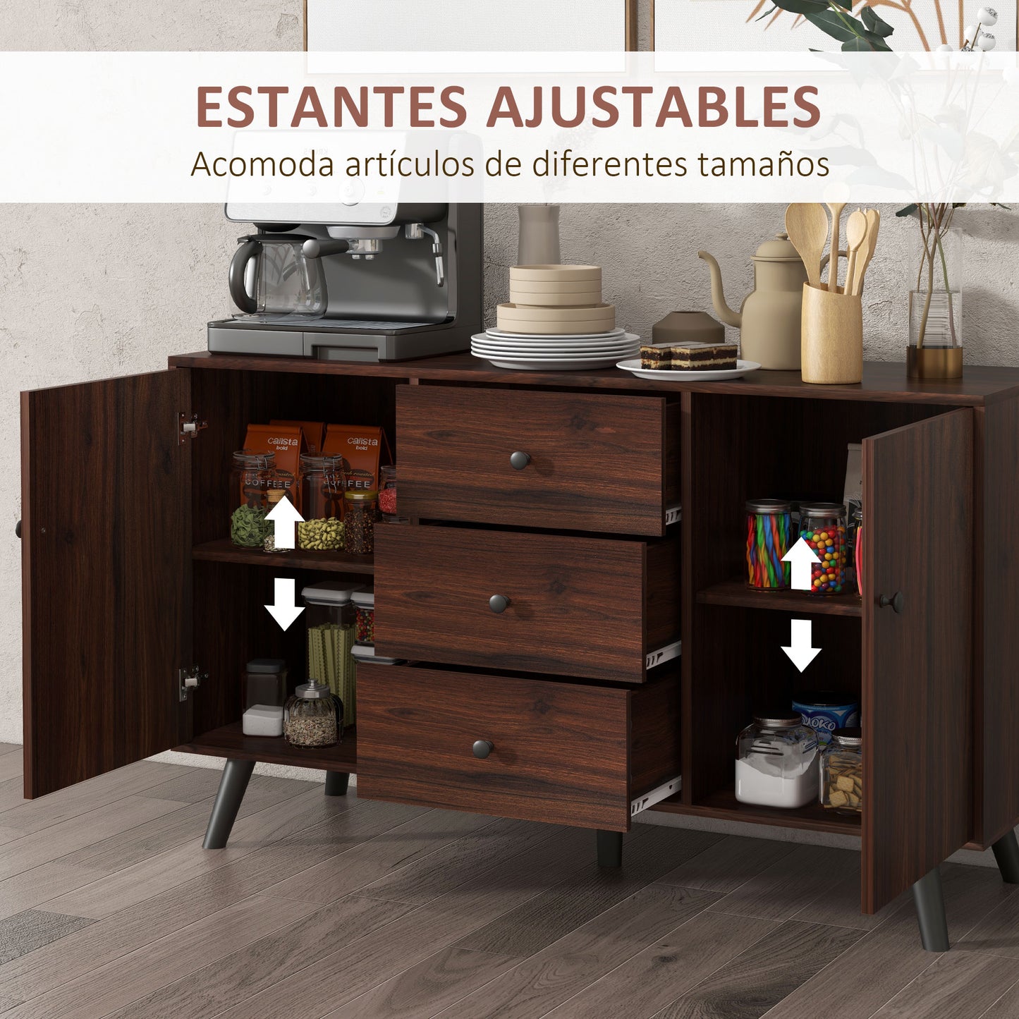 HOMCOM Aparador de Salón Aparador Buffet Mueble Auxiliar de Cocina con 2 Puertas y 3 Cajones para Comedor Dormitorio Oficina 127x40x76 cm Marrón