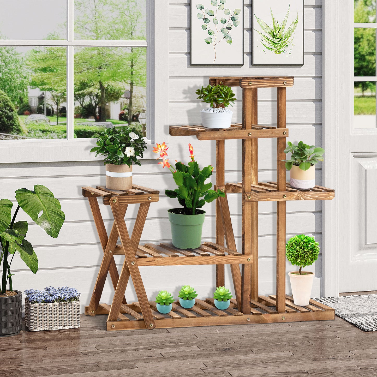 Outsunny Soporte para Plantas Estantería para Plantas con Pies de Madera Estantería para Flores con 5 Niveles Carga 60 kg para Interior y Exterior Terreza Jardín Balcón 98x28x95 cm Carbonizado