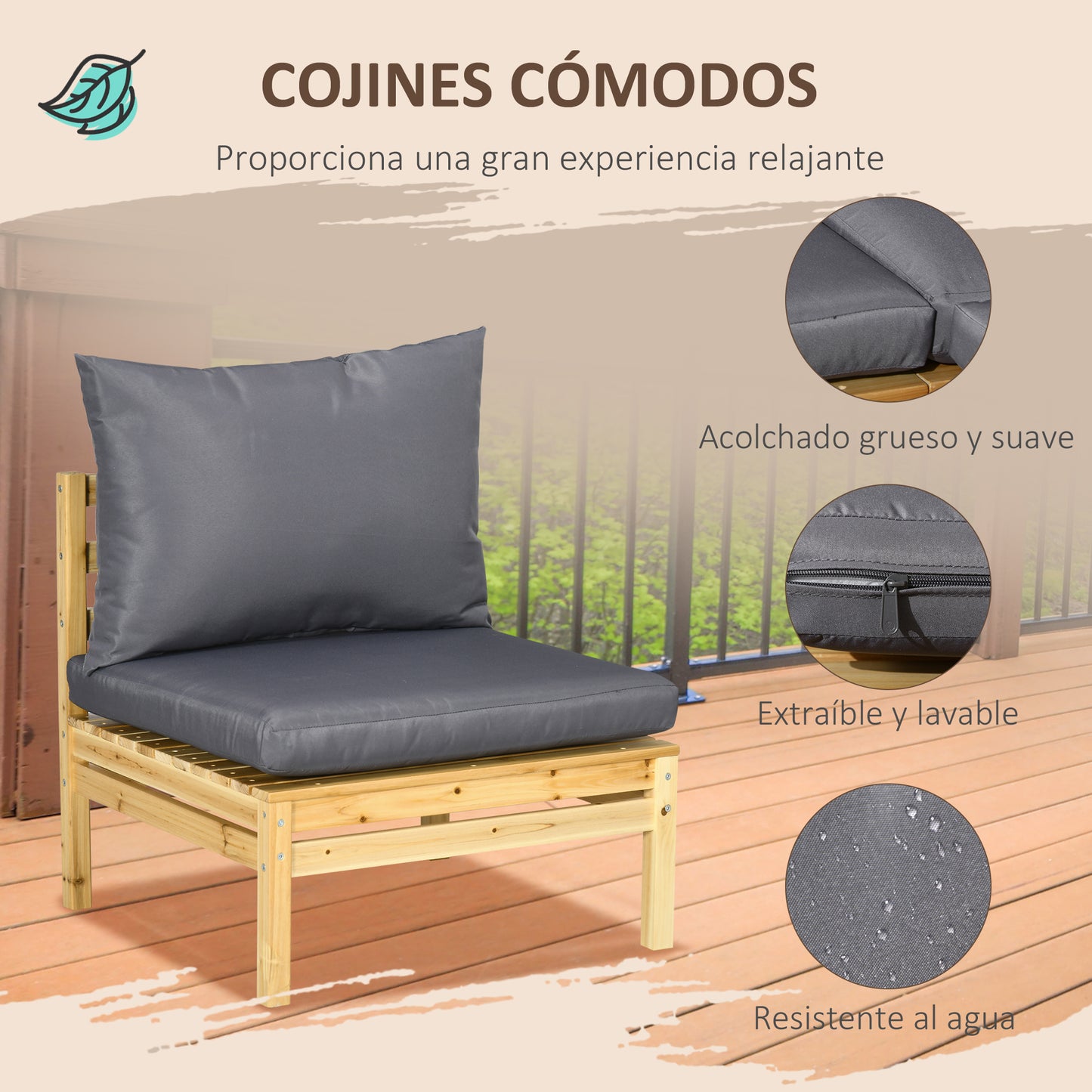 Outsunny Conjunto de Muebles de Jardín de Madera 5 Piezas Juego de Muebles de Terraza Incluye 4 Sofás con Cojines Acolchados y Mesa de Centro para Patio Exterior Natural