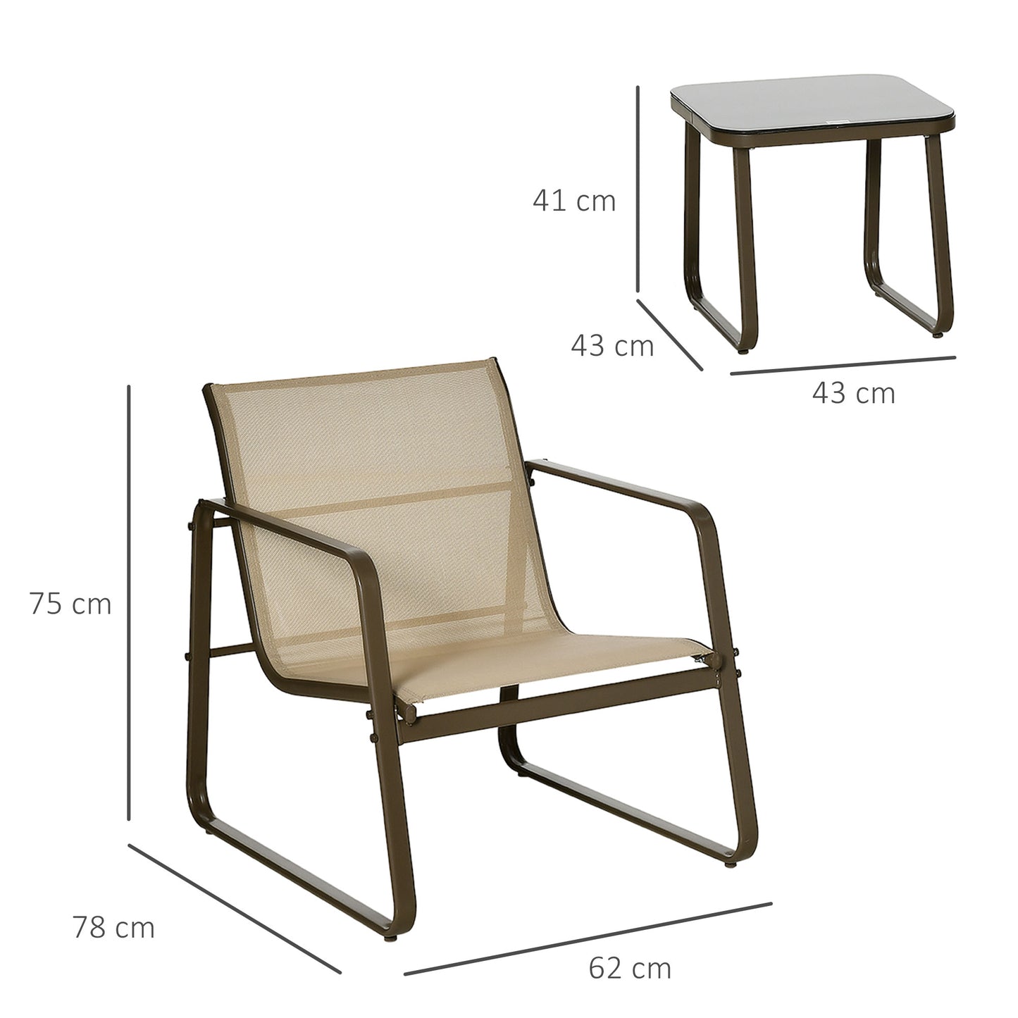 Outsunny Conjunto de Muebles de Jardín 3 Piezas Muebles de Jardín Exterior Incluye 1 Mesa de Vidrio Templado y 2 Sillas con Reposabrazos y Respaldo Transpirable para Terraza Balcón Caqui