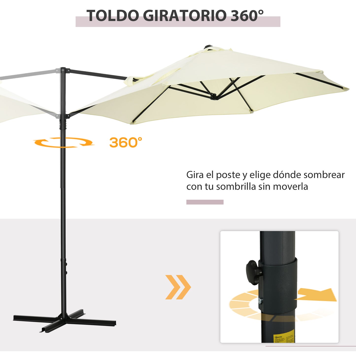 Outsunny Sombrilla de Jardín Ø256x245 cm Parasol Excéntrico Rotación de 360° con Apertura Manual y Base Cruzada para Patio Terraza Exterior Beige