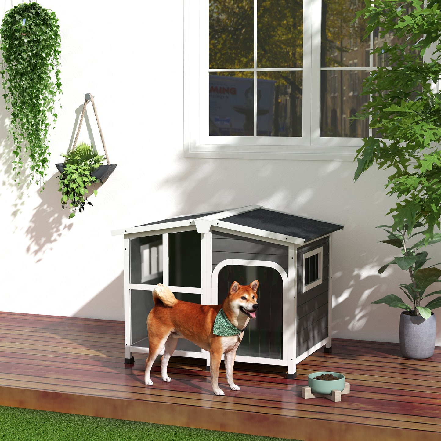 PawHut Caseta para Perros de Exterior Casa para Perros de Madera con Techo Abatible Frontal de Acrílico Puerta con Cortina y Fondo Extraíble para Interior y Exterior 101x66,5x70,5 cm Gris