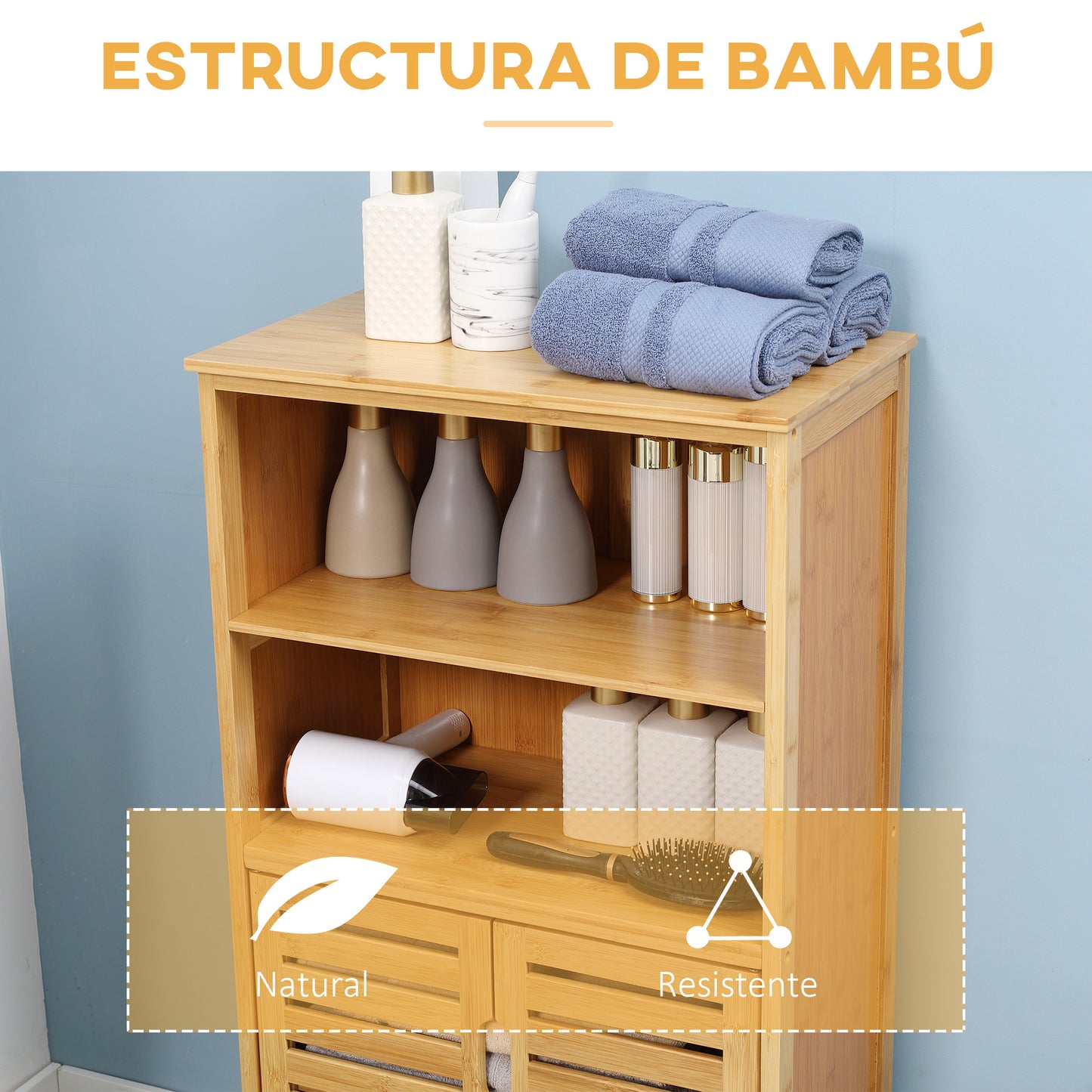 kleankin Mueble de Baño de Bambú Armario de Baño con 2 Puertas 2 Estantes Abiertos y Patas Elevadas Antivuelco 50x29x92 cm Natural