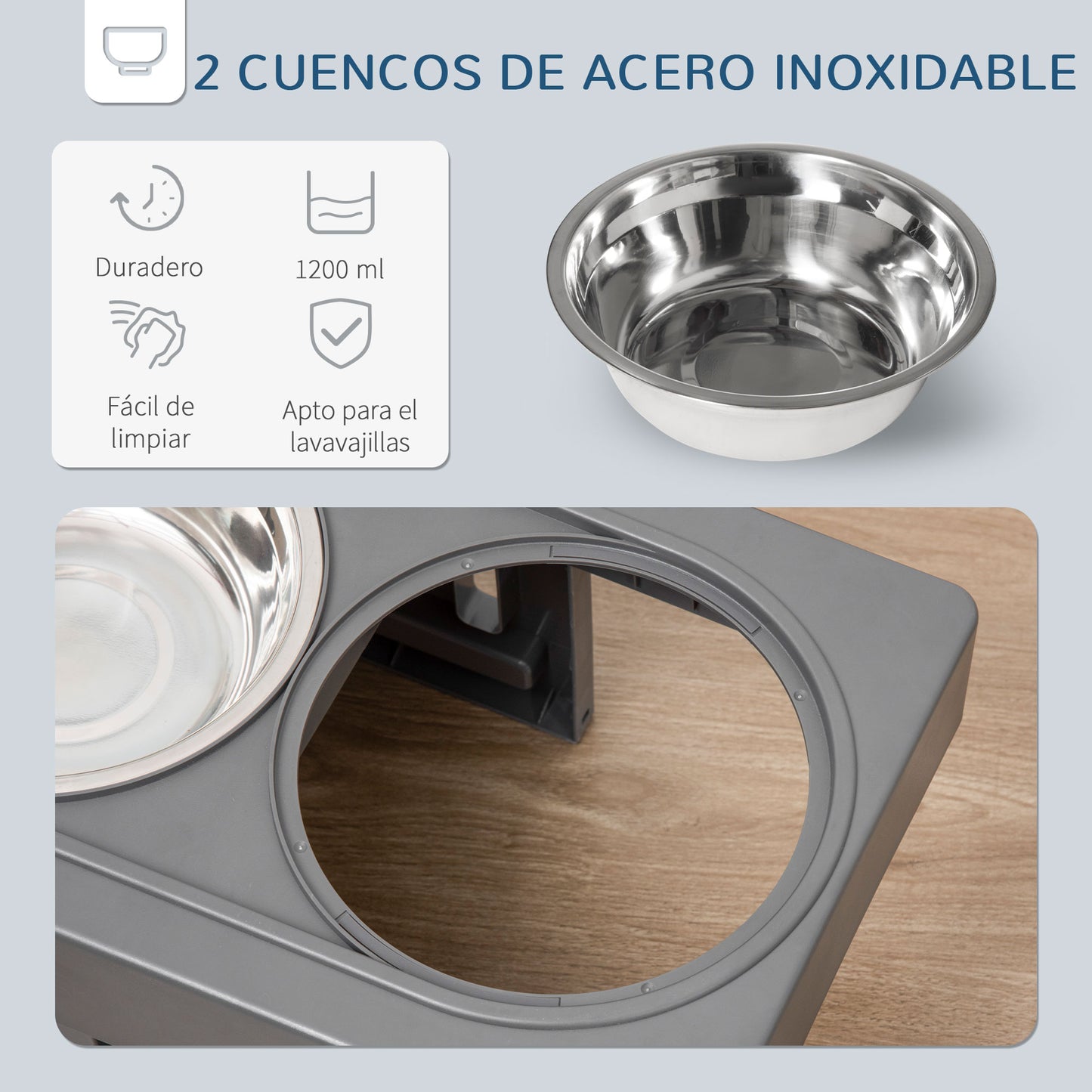 PawHut Comedero Elevado para Perros con 2 Platos Desmontables de 1200 ml y Altura Ajustable de 3 Niveles Cuencos para Perros con Soporte de Acero Inoxidable 44x27,7x28 cm Gris