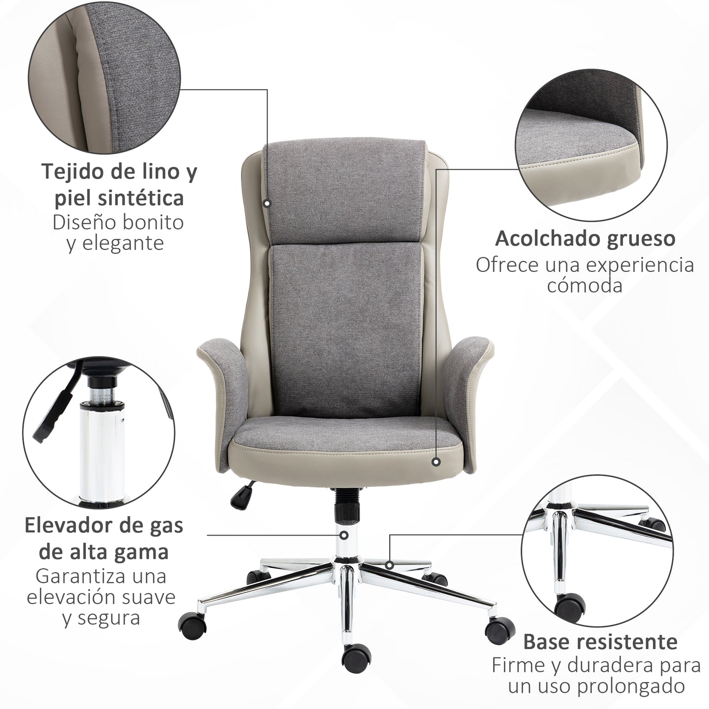 Vinsetto Silla de Oficina Busculante Silla de Oficina Giratoria con Respaldo Alto Silla de Estudio para Salón Dormitorio Estudio Carga 120 kg Tapizado en PU 65x72x108-118 cm Gris