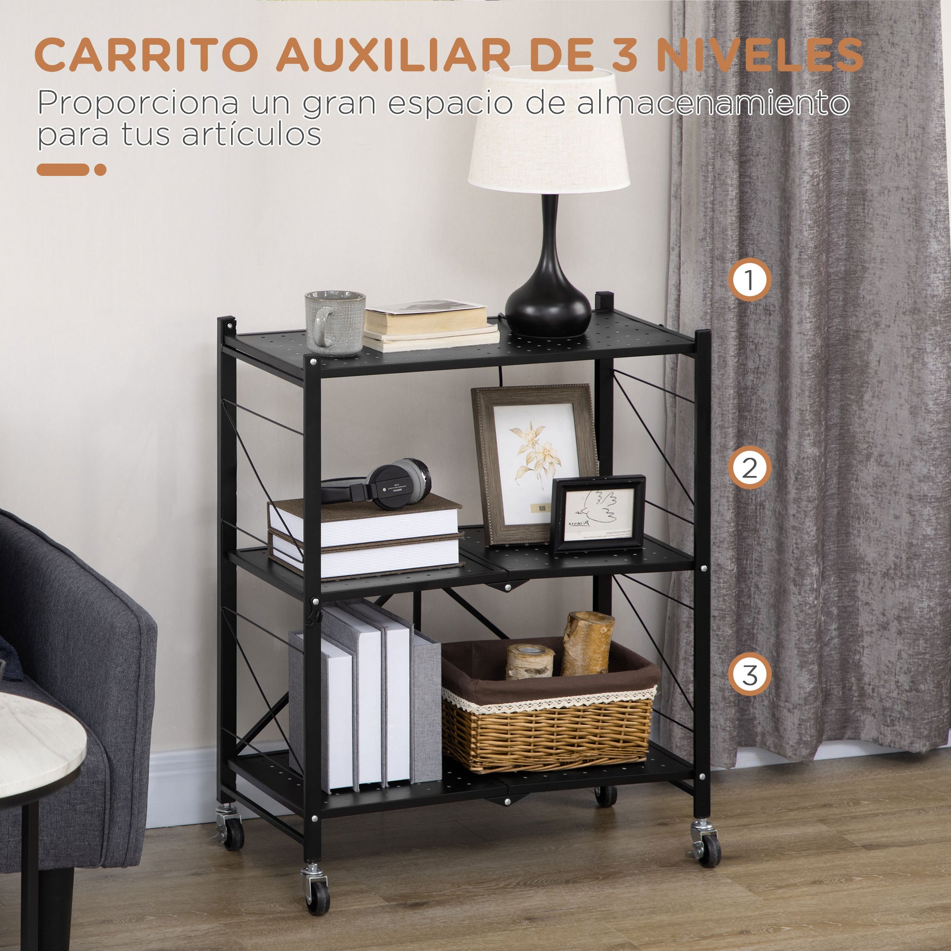 HOMCOM Carrito Auxiliar con Ruedas Carrito de Almacenamiento de 3 Nive –  Bechester