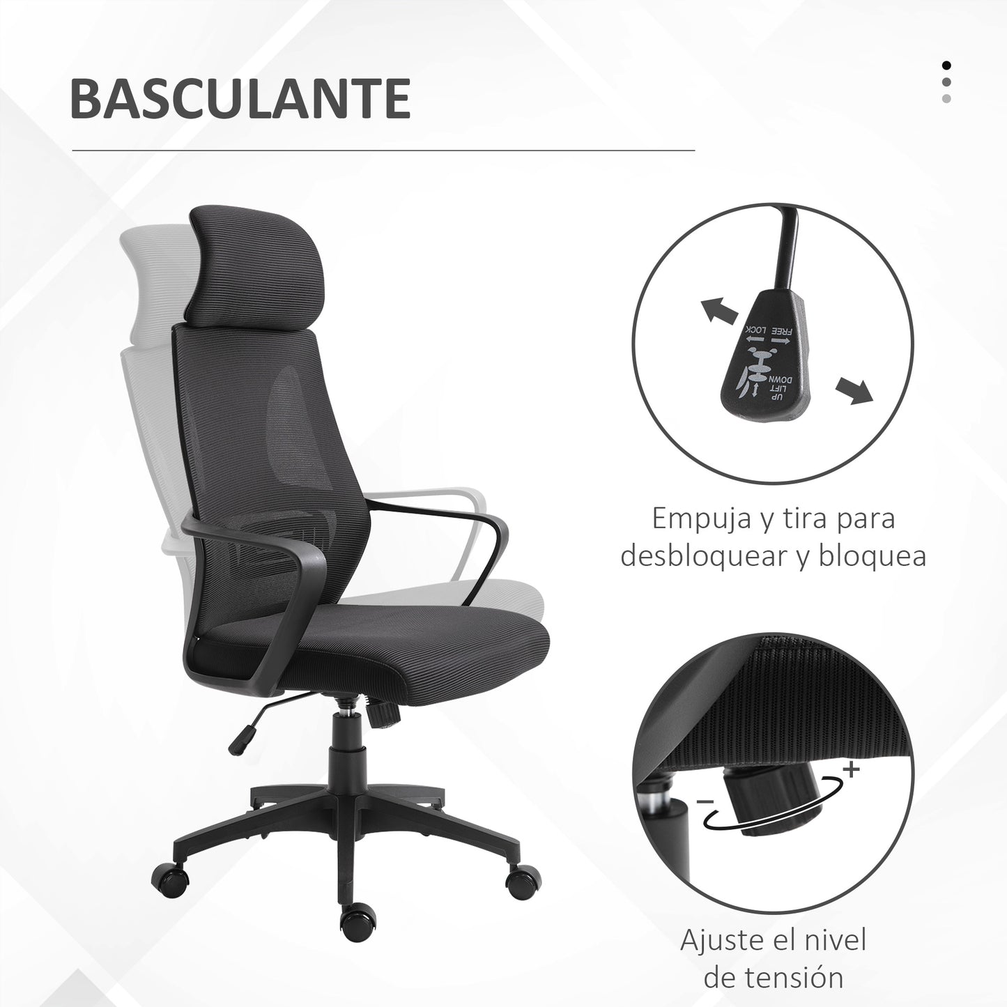 Vinsetto Silla de Oficina Silla de Escritorio Ajustable con Respaldo Reposabrazos Reposacabezas Ruedas y Función Basculante Carga 120 kg 64x55x116-126 cm Negro