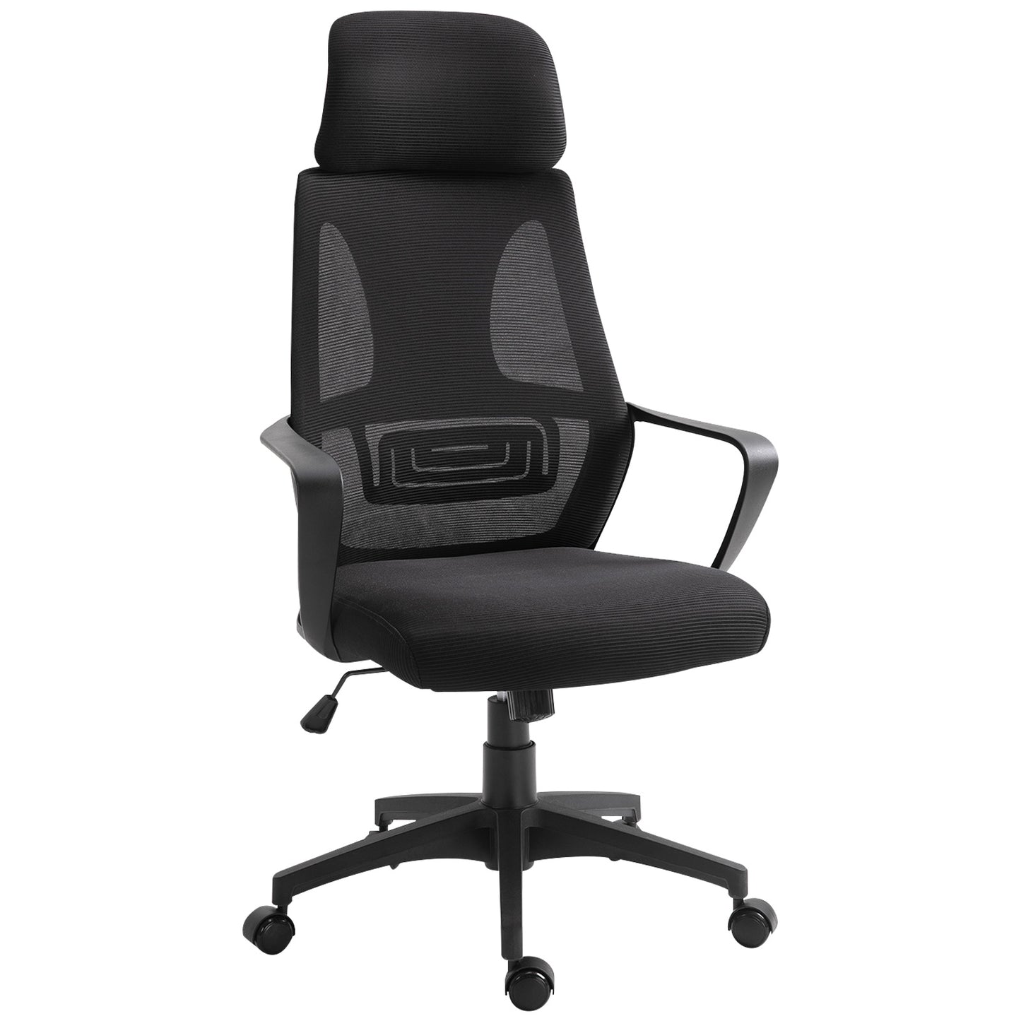 Vinsetto Silla de Oficina Silla de Escritorio Ajustable con Respaldo Reposabrazos Reposacabezas Ruedas y Función Basculante Carga 120 kg 64x55x116-126 cm Negro