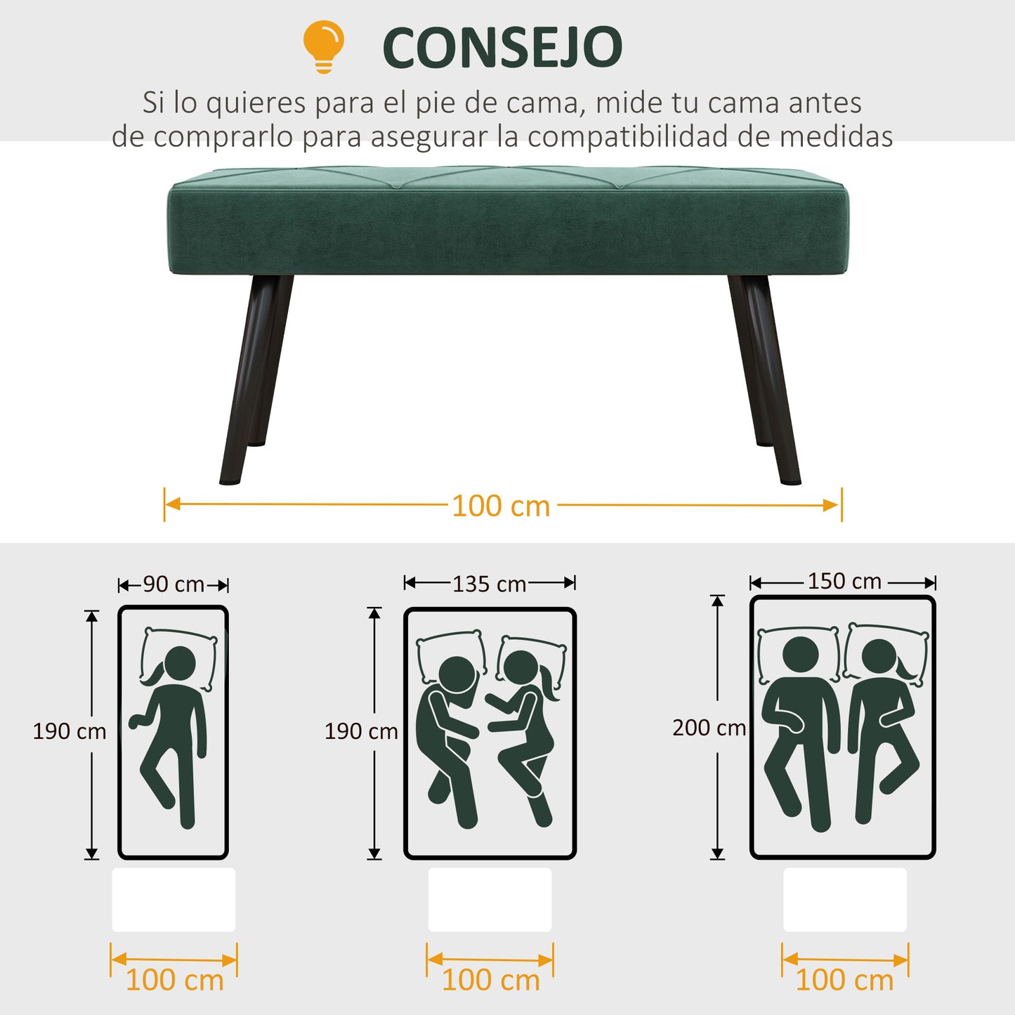 HOMCOM Taburete Pie de Cama Multifuncional Banco Pie de Cama Moderno Banco Dormitorio con Pies de Acero y Asiento Acolchado Carga 120 kg para Entrada Pasillo 100x36x45 cm Verde