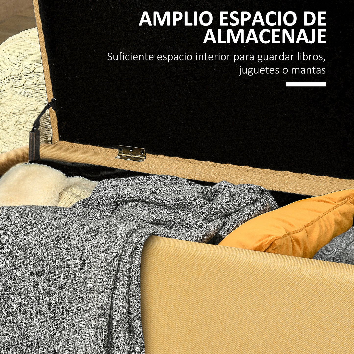 HOMCOM Banco de Almacenamiento Taburete de Almacenaje Tapizado en Lino con Tapa Abatible y Patas de Acero para Dormitorio Salón Entrada Carga 150 kg 101x38,5x44,5 cm Amarillo