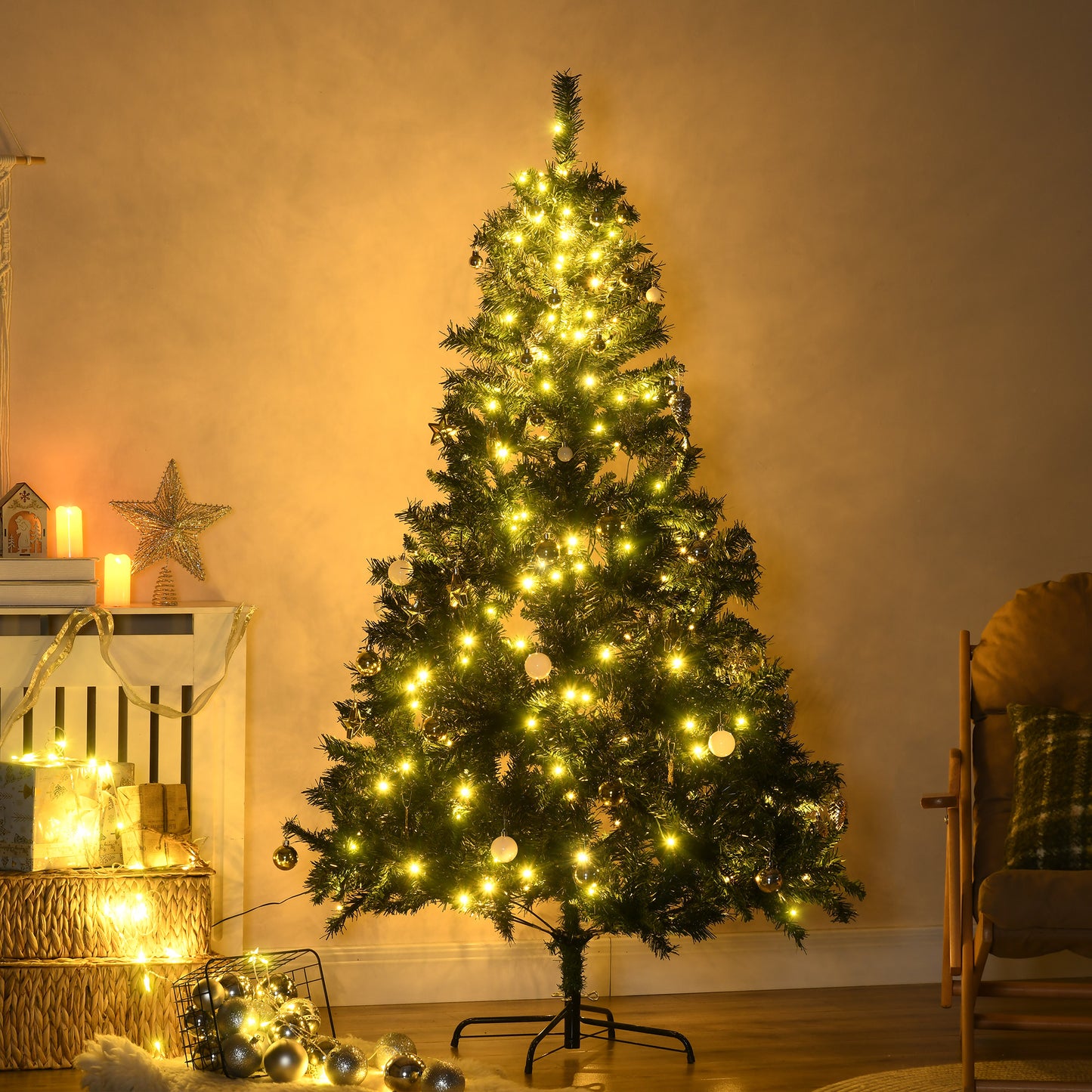 HOMCOM Árbol de Navidad con Luces LED Árbol Artificial 180 cm con 745 Ramas Bolas Adornos y Soporte de Metal Ø112x180 cm Verde