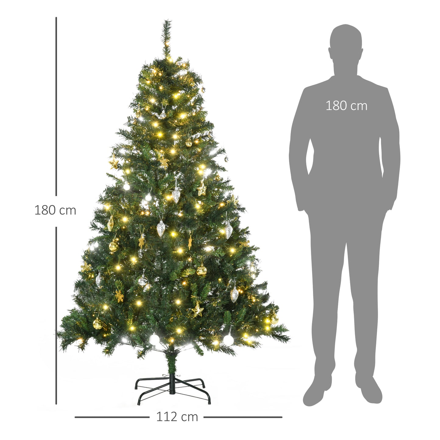 HOMCOM Árbol de Navidad con Luces LED Árbol Artificial 180 cm con 745 Ramas Bolas Adornos y Soporte de Metal Ø112x180 cm Verde