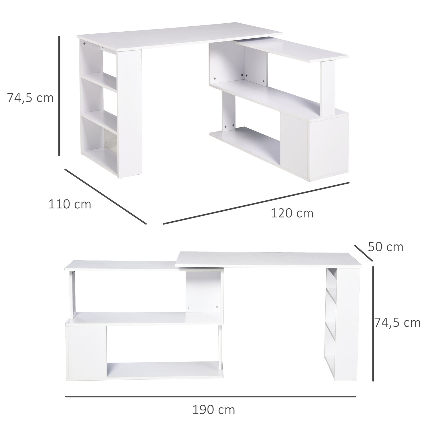 HOMCOM Escritorio Esquinero Giratorio Escritorio en L con Estantería Mesa de Escritorio con Estantes para Oficina Estudio 120x110x74,5 cm Blanco