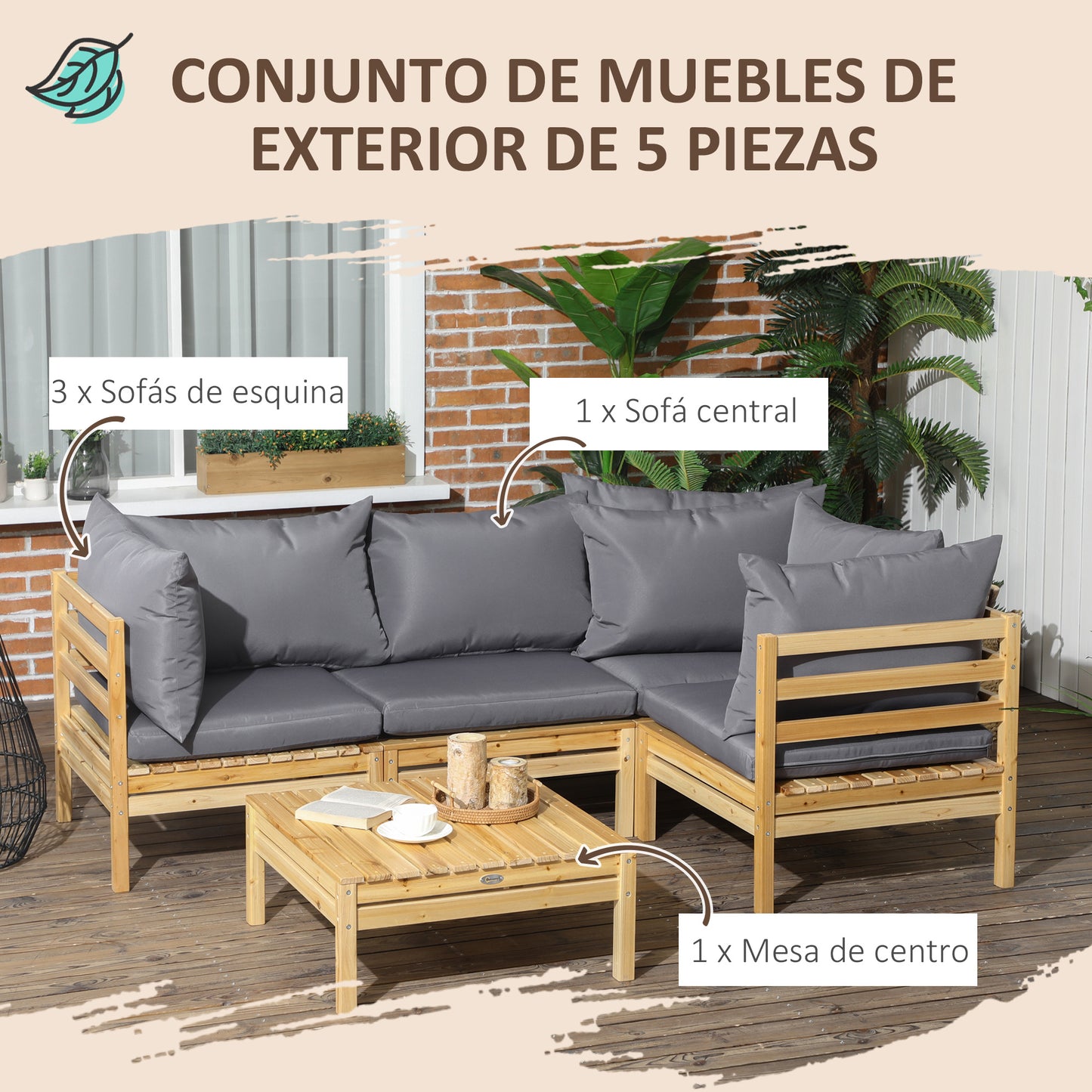 Outsunny Conjunto de Muebles de Jardín de Madera 5 Piezas Juego de Muebles de Terraza Incluye 4 Sofás con Cojines Acolchados y Mesa de Centro para Patio Exterior Natural