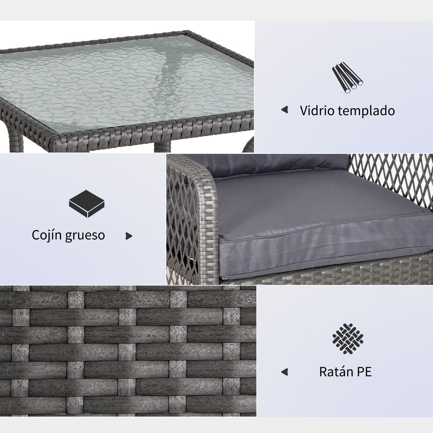 Outsunny Conjunto de Muebles de Ratán Juegos de 3 Piezas de Jardín 2 Sillones 65x66x75 cm y Mesa de Vidrio Templado 50x50x50 cm con Cojines Acolchados para Terraza Patio Gris