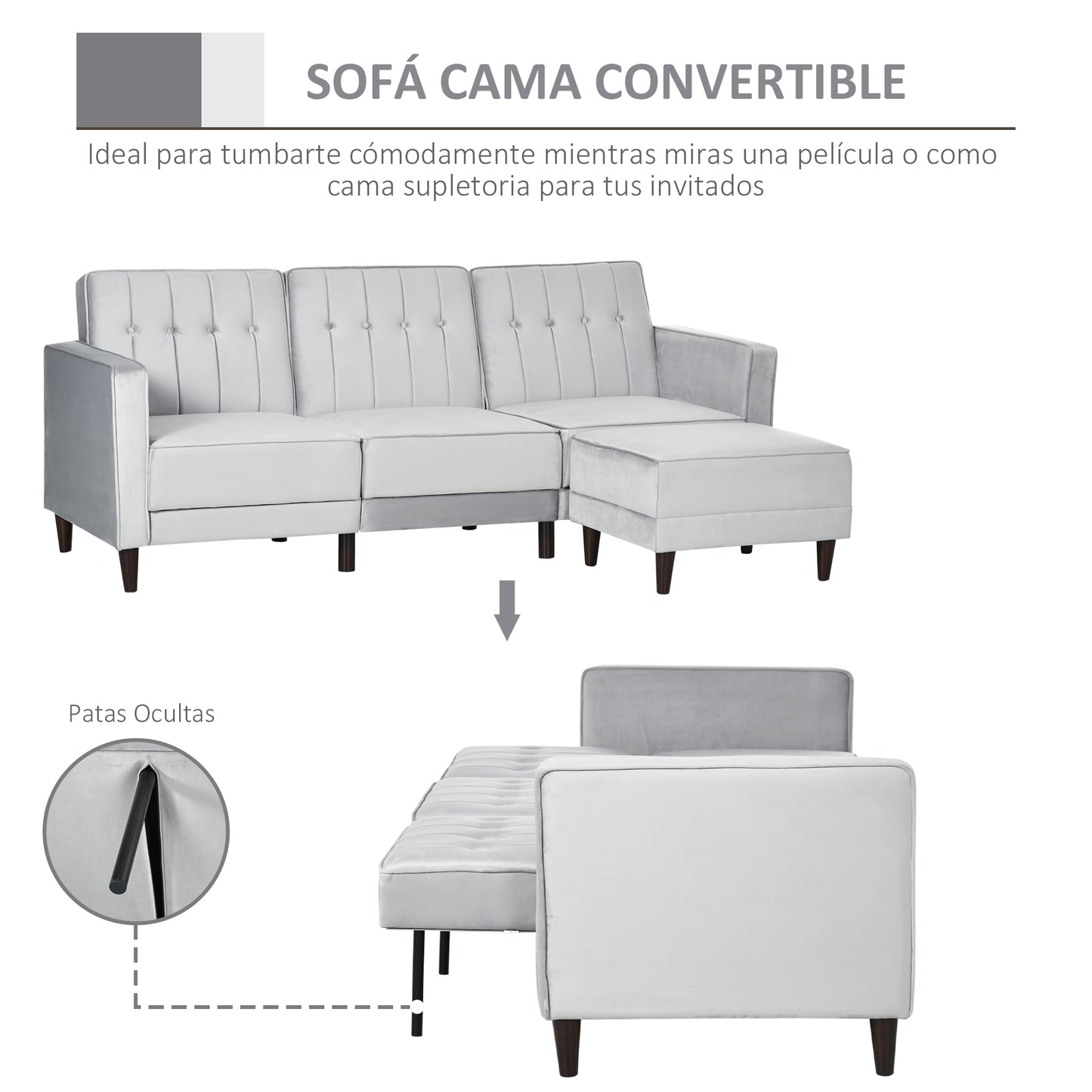 HOMCOM Sofá Cama con Chaise Longue de 3 Plazas Convertible con Reposapiés Movible Respaldo Ajustable y Reposabrazos Tacto Aterciopelado 218x85x86 cm Gris Claro