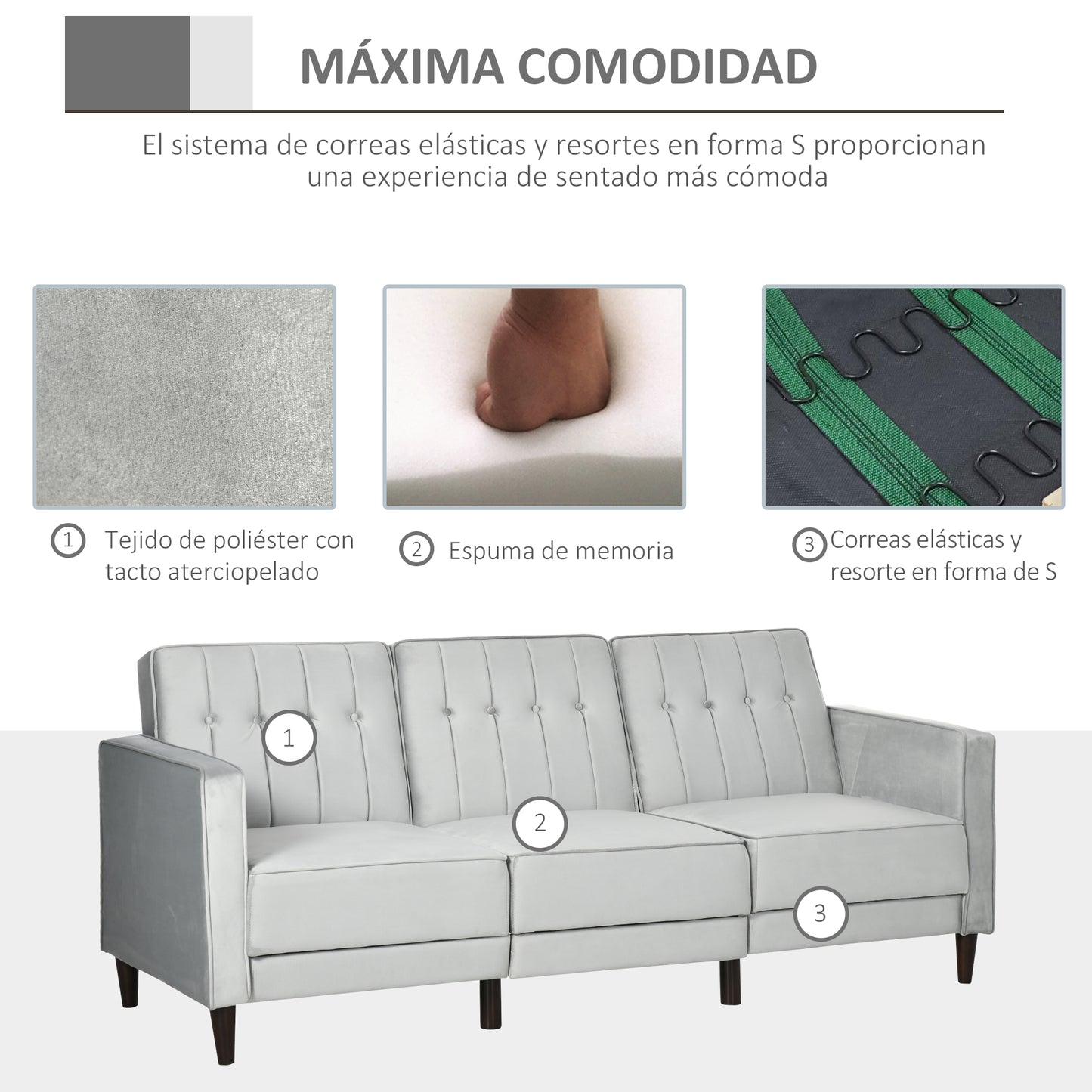 HOMCOM Sofá Cama con Chaise Longue de 3 Plazas Convertible con Reposapiés Movible Respaldo Ajustable y Reposabrazos Tacto Aterciopelado 218x85x86 cm Gris Claro