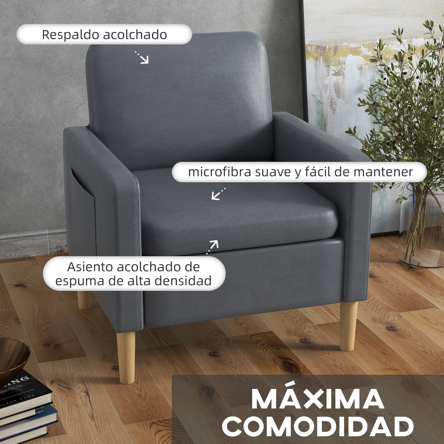 HOMCOM Butaca de Salón Sillón Relax con 2 Bolsillos Laterales Reposabrazos Asiento Acolchado y Patas de Madera Sofá Individual de Moderno para Dormitorio 73x79x87 cm Gris