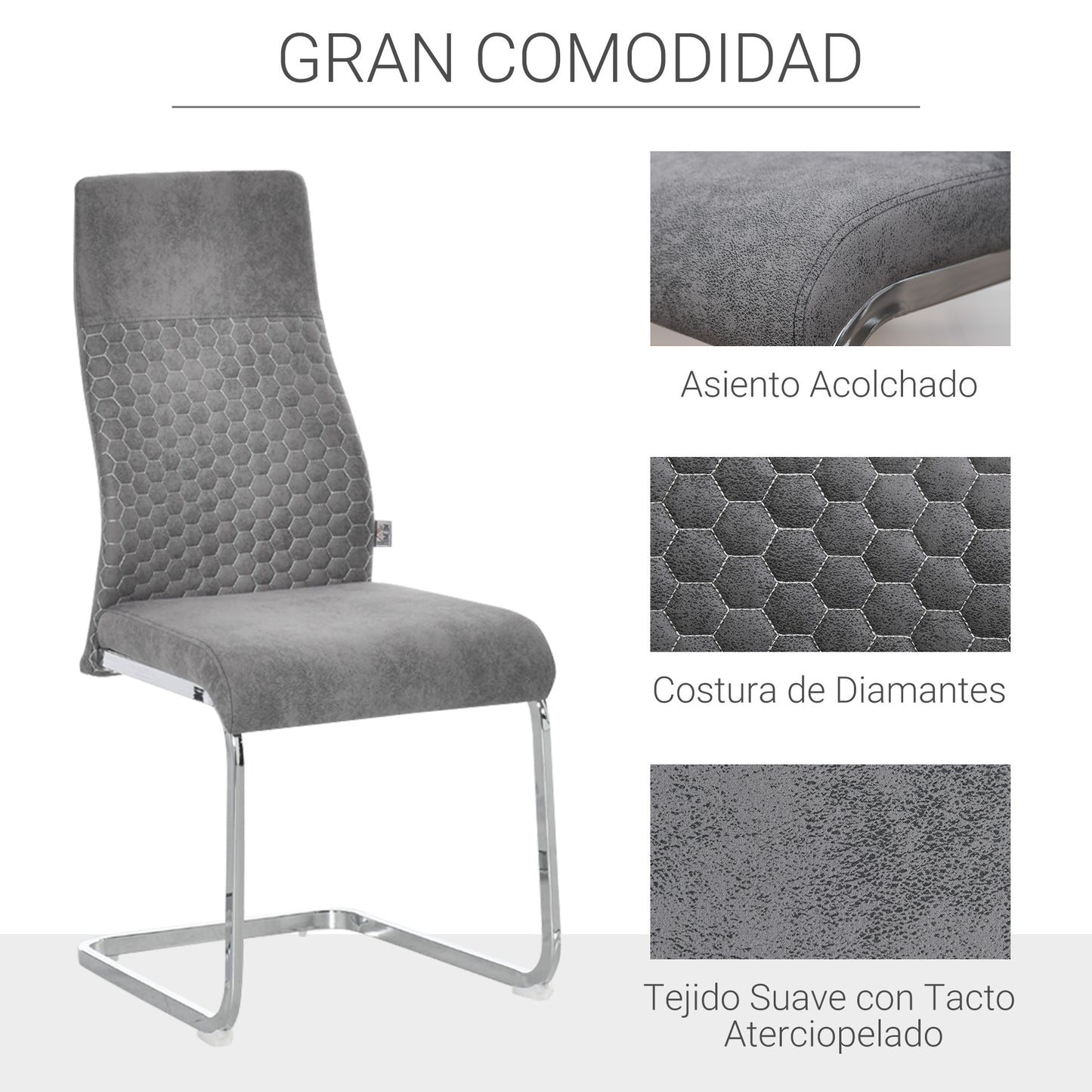 HOMCOM Set de 4 Sillas de Comedor Sillas de Cocina Tejido de Microfibra con Asiento Acolchado y Patas de Metal Sillas Cantilever Modernas 45x61x98 cm Gris