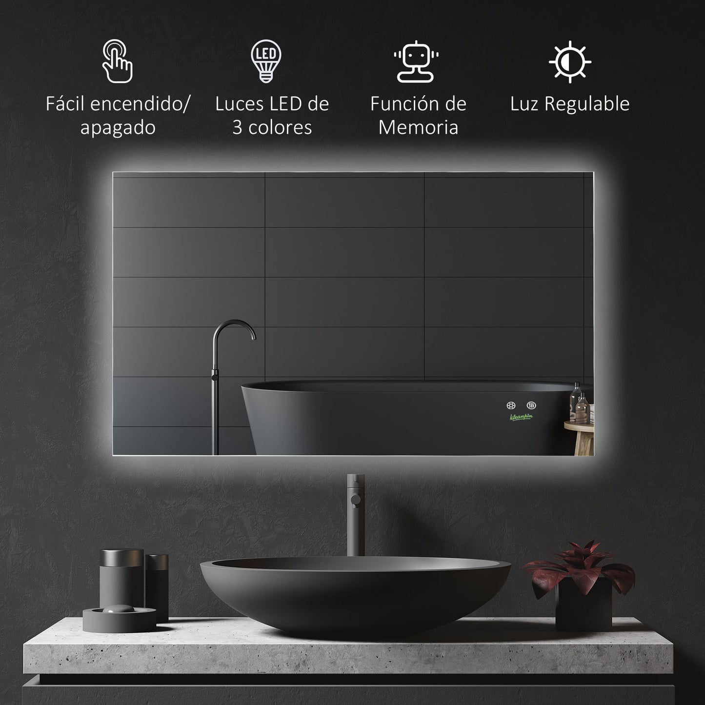 kleankin Espejo de Baño con Luz LED Espejo de Pared Antivaho 90x60 cm Interruptor Táctil 3 Luces Ajustable Función de Memoria y Marco de Aluminio Suspensión Vertical u Horizontal Plata