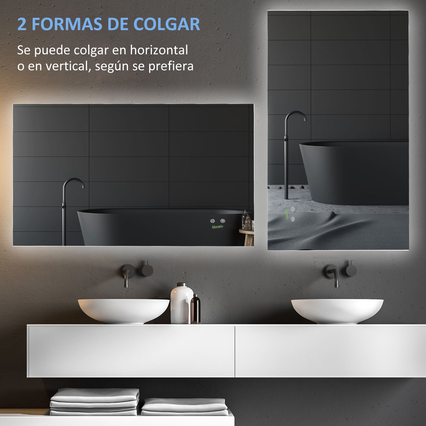 kleankin Espejo de Baño con Luz LED Espejo de Pared Antivaho 90x60 cm Interruptor Táctil 3 Luces Ajustable Función de Memoria y Marco de Aluminio Suspensión Vertical u Horizontal Plata