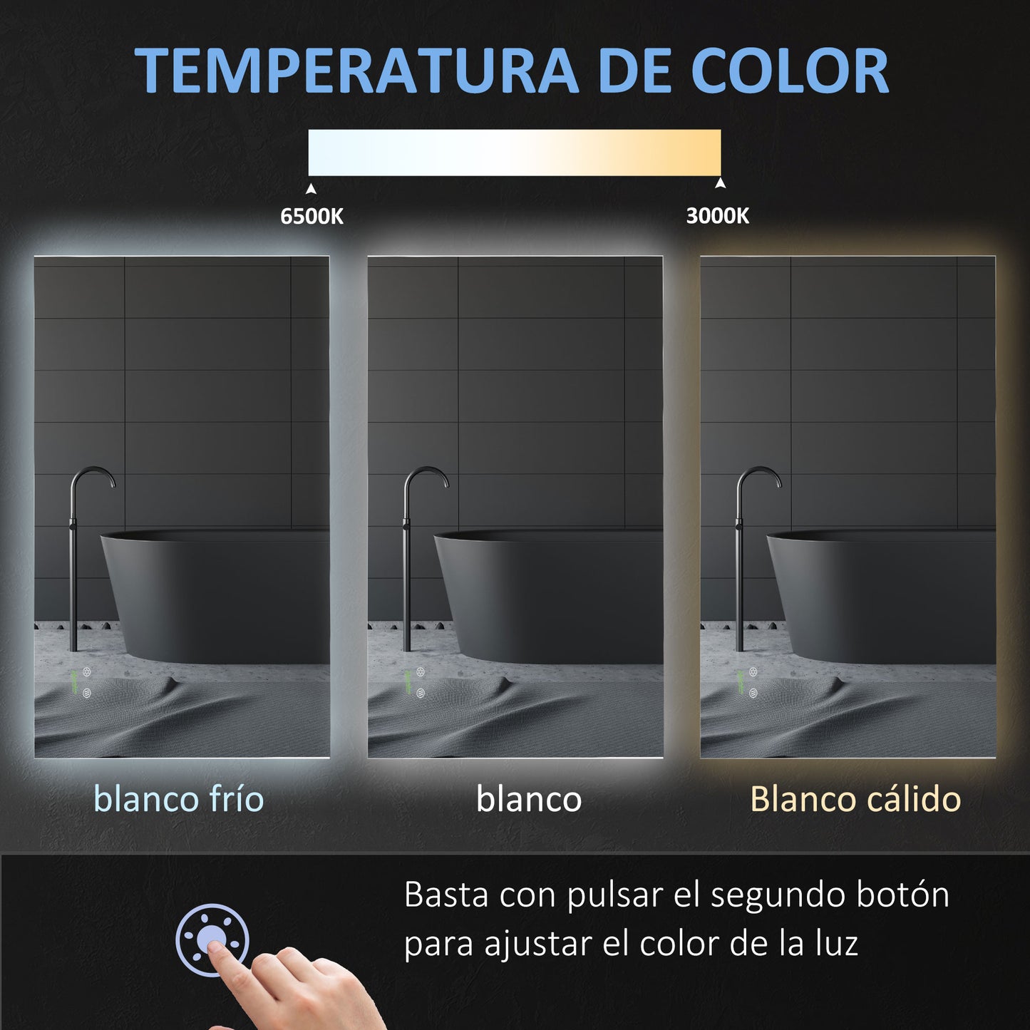 kleankin Espejo de Baño con Luz LED Espejo de Pared Antivaho 90x60 cm Interruptor Táctil 3 Luces Ajustable Función de Memoria y Marco de Aluminio Suspensión Vertical u Horizontal Plata