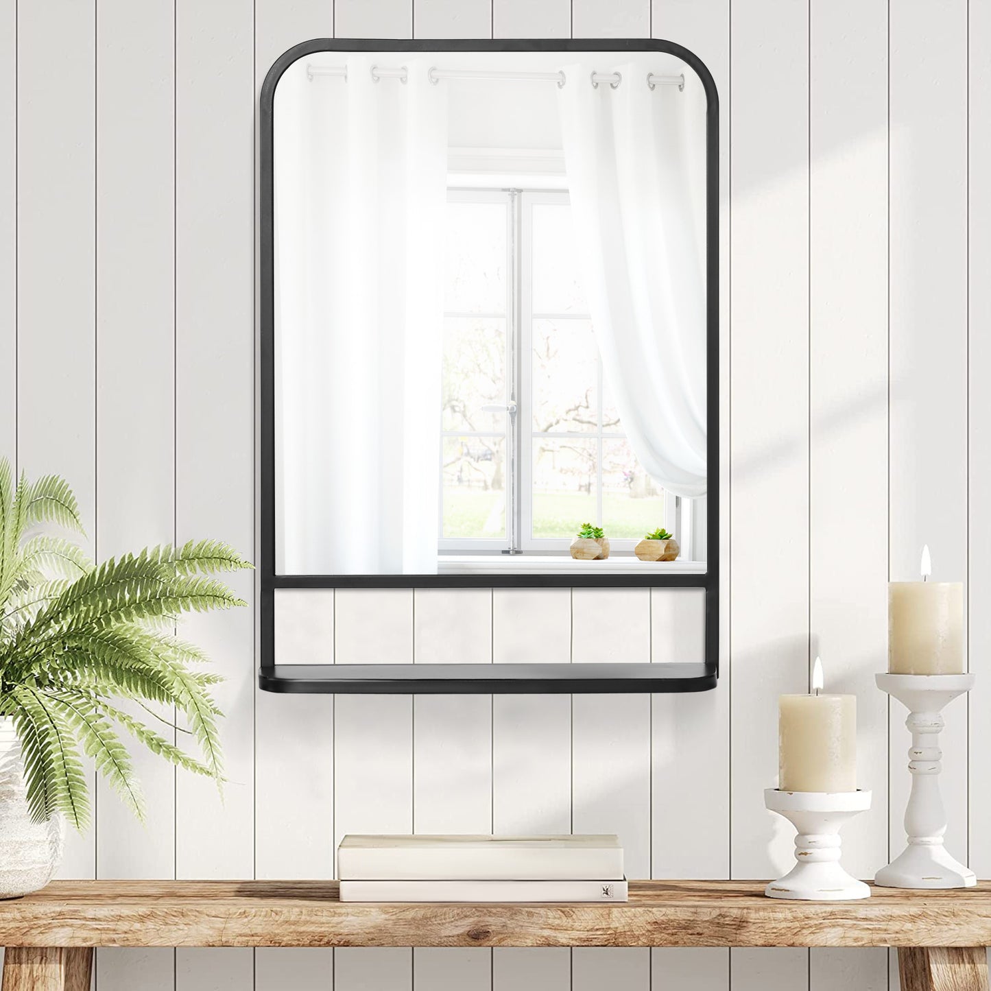 HOMCOM Espejo Decorativo de Pared 50x70 cm Espejo Rectangular de Metal con Estante de Almacenamiento para Salón Dormitorio Entrada Estilo Moderno Negro