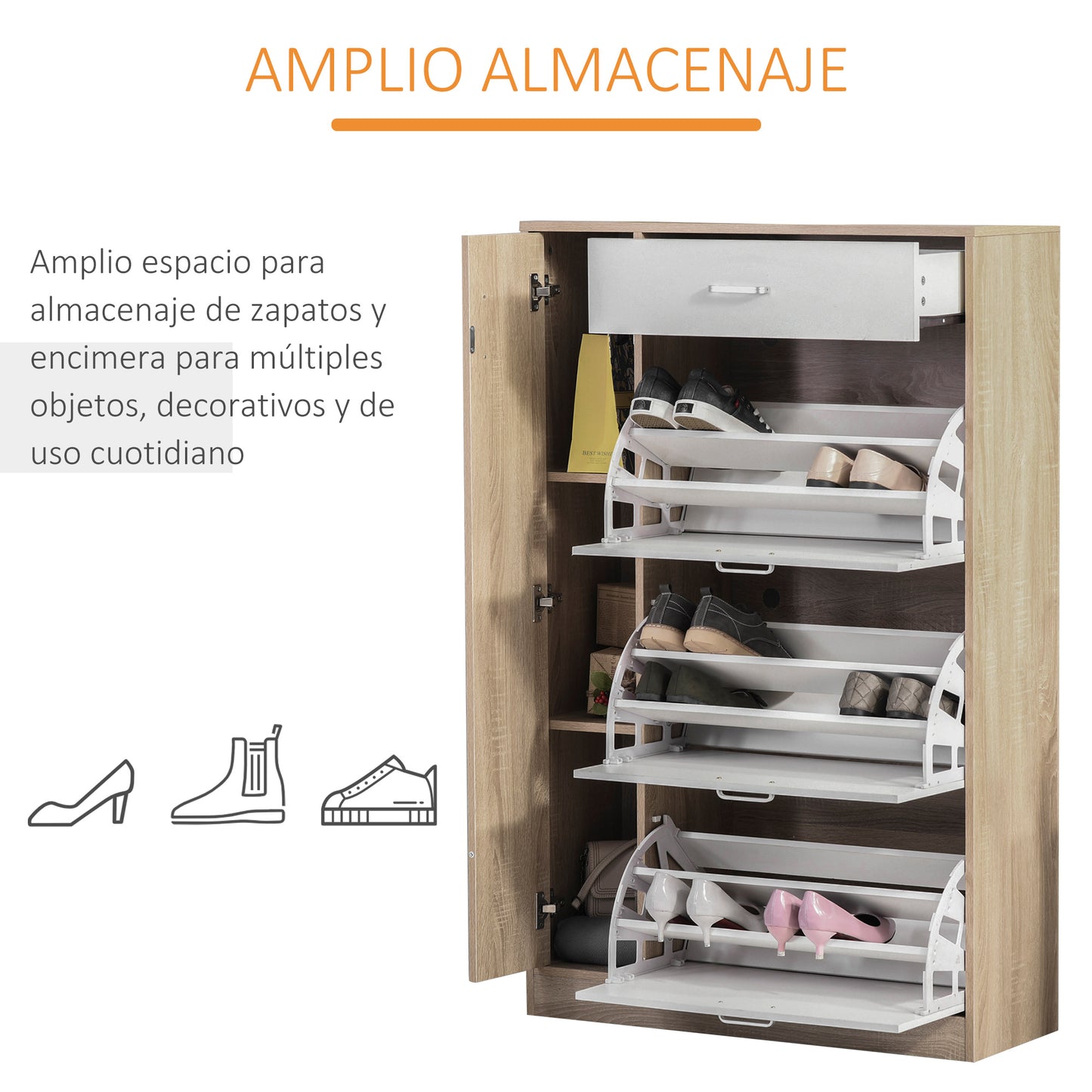 HOMCOM Mueble Zapatero de 3 Puertas para 18-27 Pares de Zapatos Zapatero Moderno con Cajón y Puerta para Salón Entrada Dormitorio 84x30x132 cm Natural