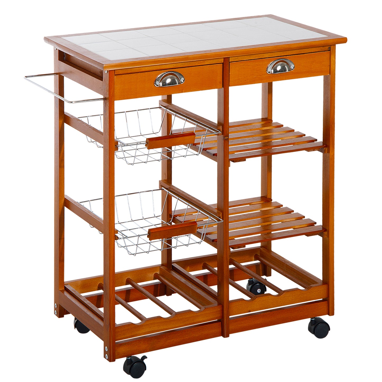 HOMCOM Carrito para Cocina Multifuncional Carrito Auxiliar de Madera con Gran Espacio de Almacenaje Cajones Cestas Estantes 4 Ruedas Freno