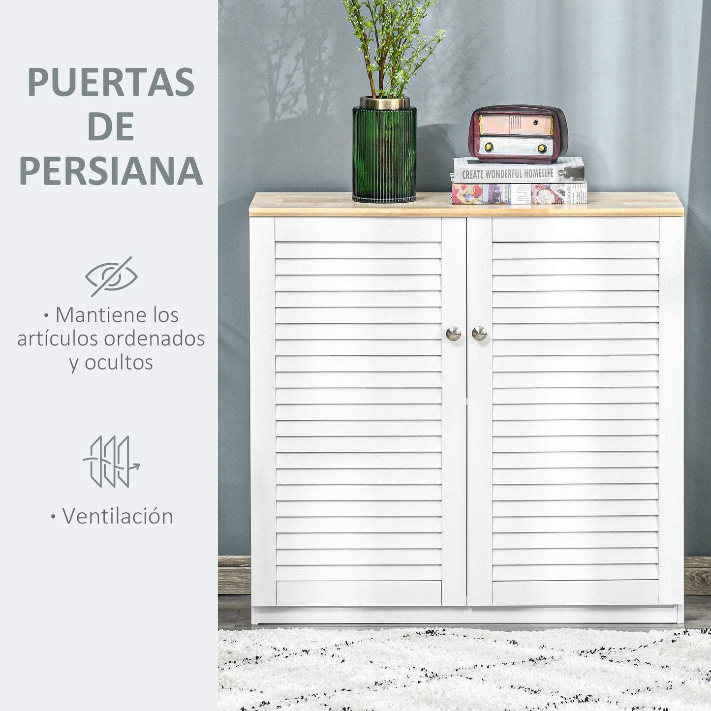 HOMCOM Aparador de 2 Puertas Diseño de Persiana con Estante Ajustable Armario Auxiliar de Almacenaje Moderno para Salón Dormitorio 80x30x78,5 cm Blanco